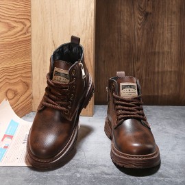 Men's Vintage Cool Lace Up Boots With Side Zipper, Wear-resistant Non-slip Boots For All Seasons