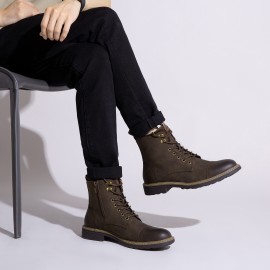 Men's Solid Cap Toe Dress Boots With PU Leather Uppers, Wear-resistant Non Slip Lace-up High Top Boots For Men's Outdoor Activities