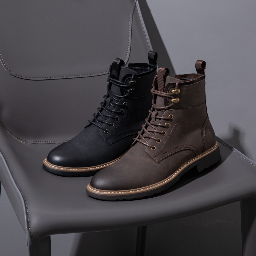 Men's Solid High Top Casual Boots With PU Leather Uppers, Wear-resistant Lace-up Versatile Boots For Men's Outdoor Activities