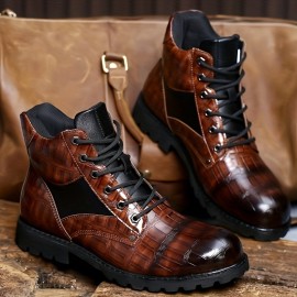 Men's Vintage Grid Pattern PU Leather Work Boots, Breathable Anti-skid Lace-up Ankle Boots For Outdoor