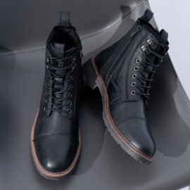 Men's Solid Cap Toe High Top Boots With Top Leather Uppers, Wear-resistant Lace-up Boots With Side Zipper Decor For Men's Outdoor Activities