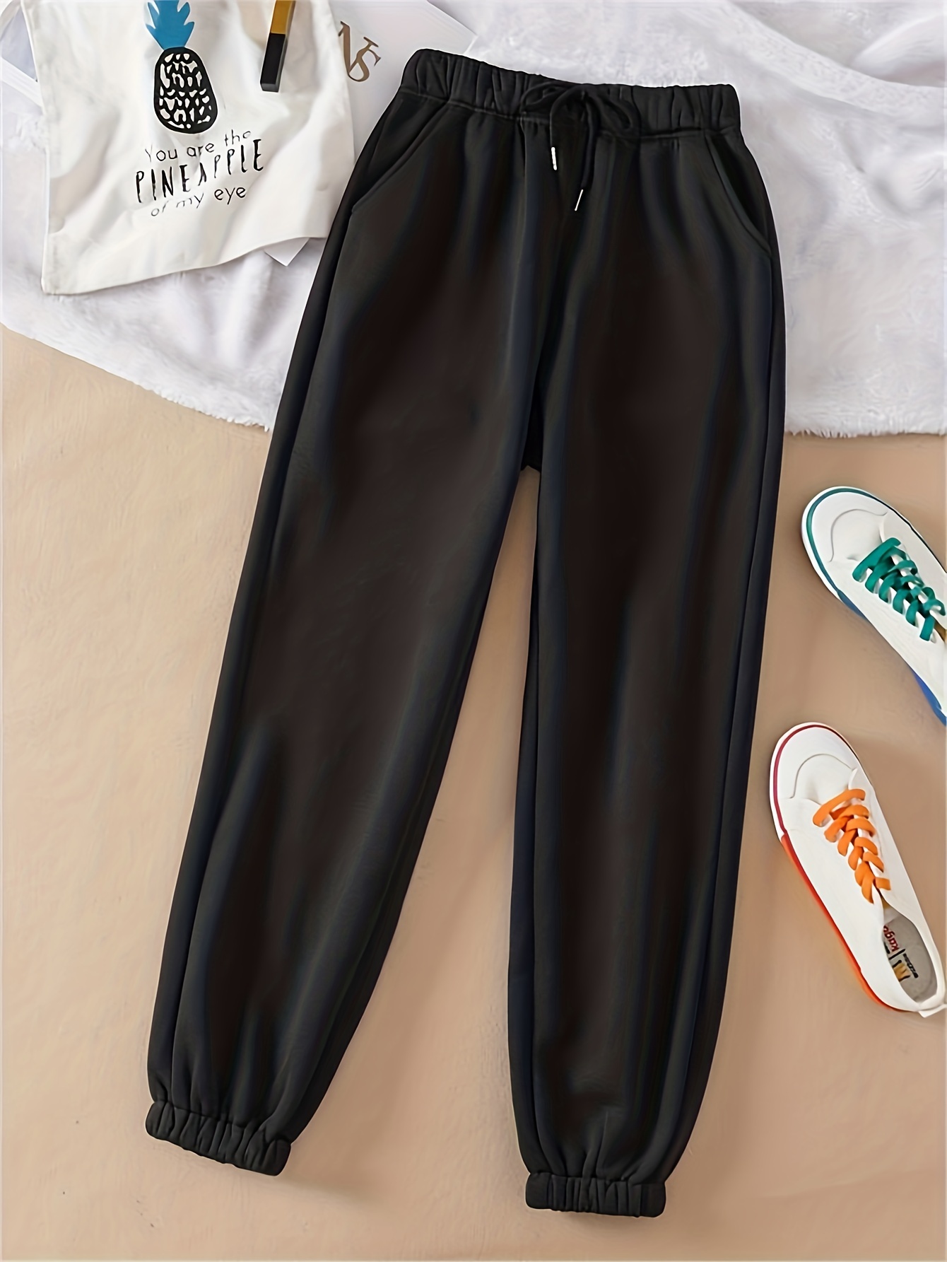 plain drawstring elastic waist sports pants loose fit slight stretch casual jogger pants womens activewear details 10