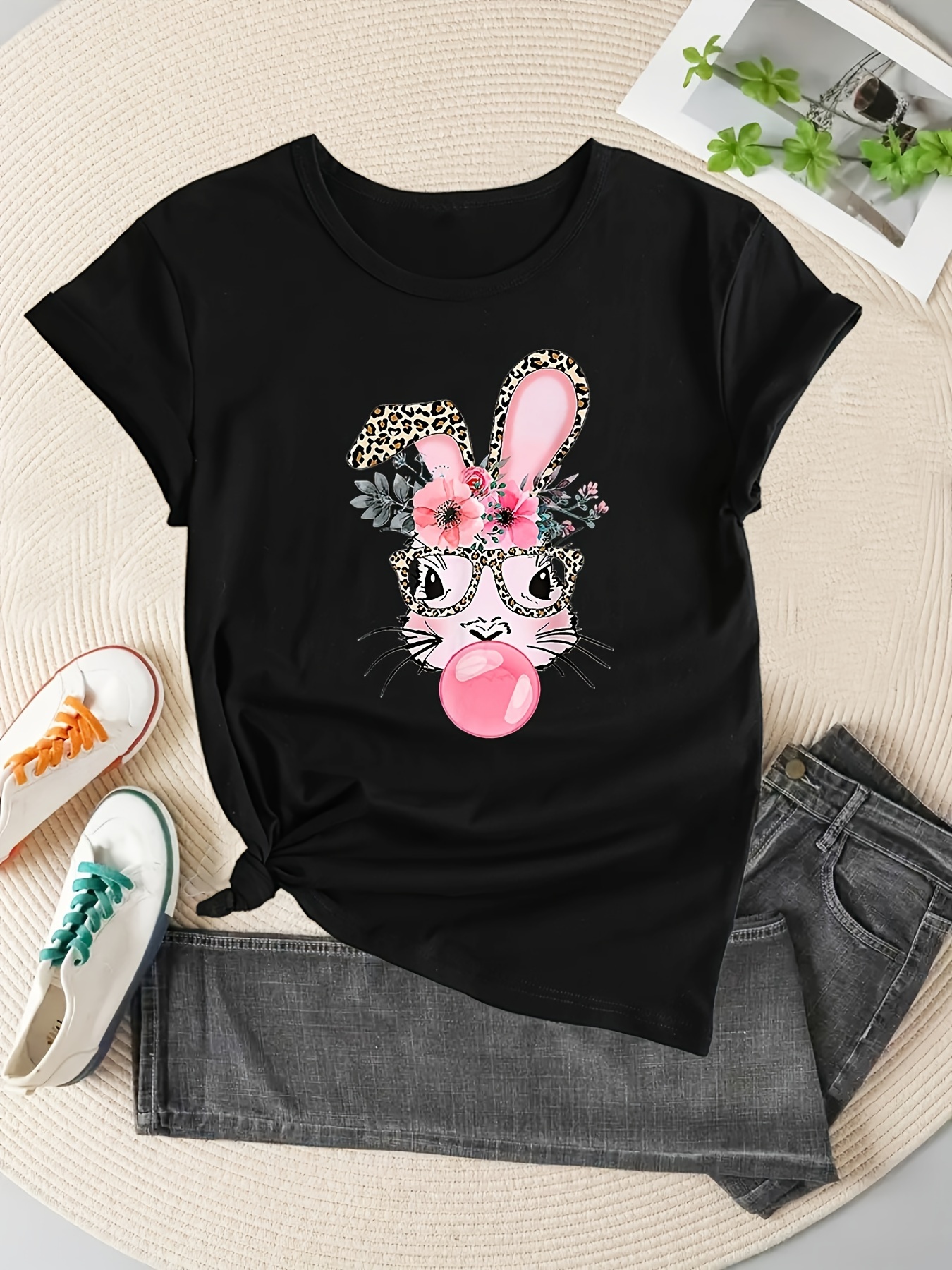 easter rabbit graphic print sports t shirt short sleeve crew neck athleisure top womens activewear details 1