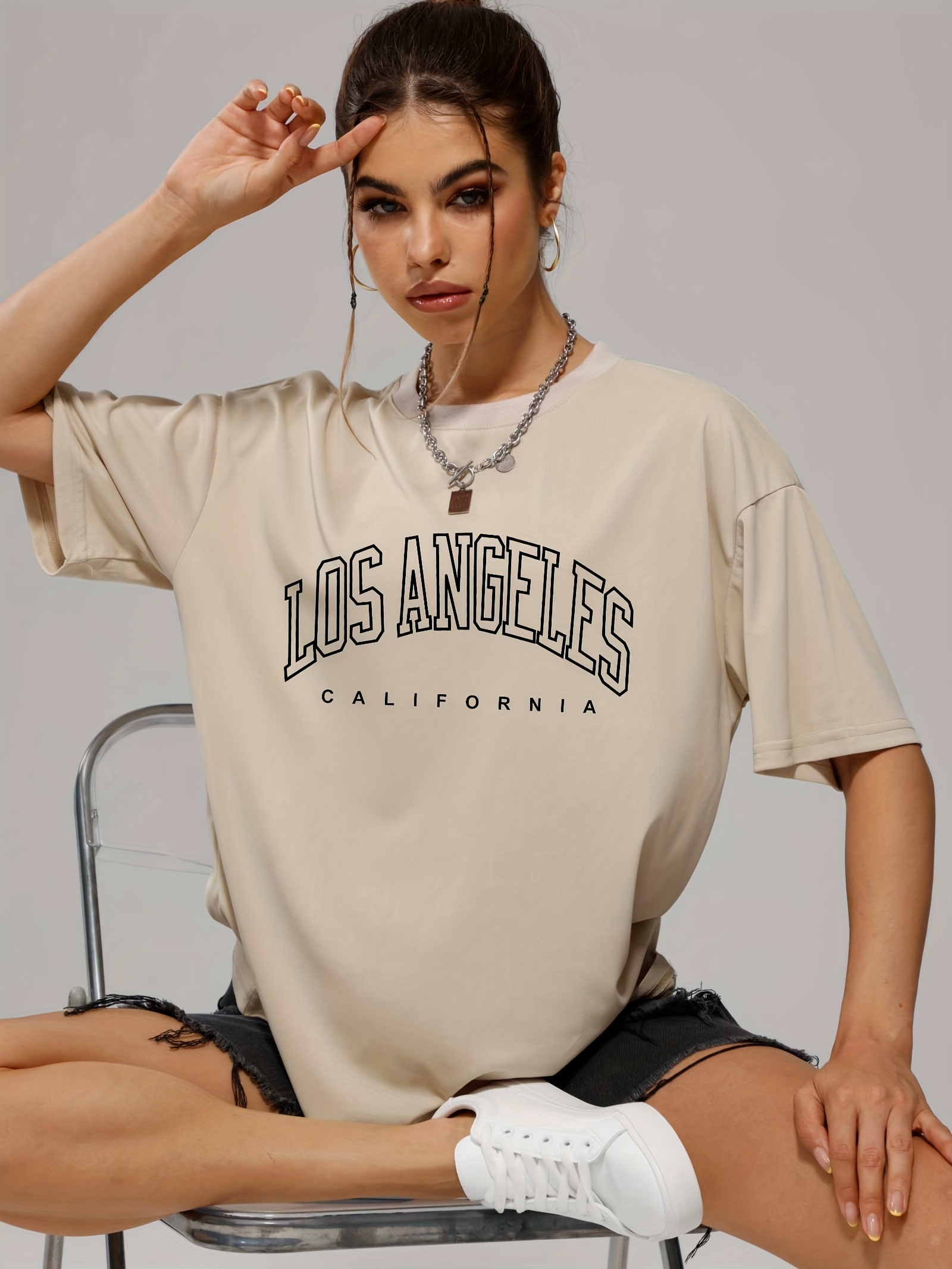 solid color letter print casual sports t shirt soft crew neck short sleeve tee womens clothing details 0