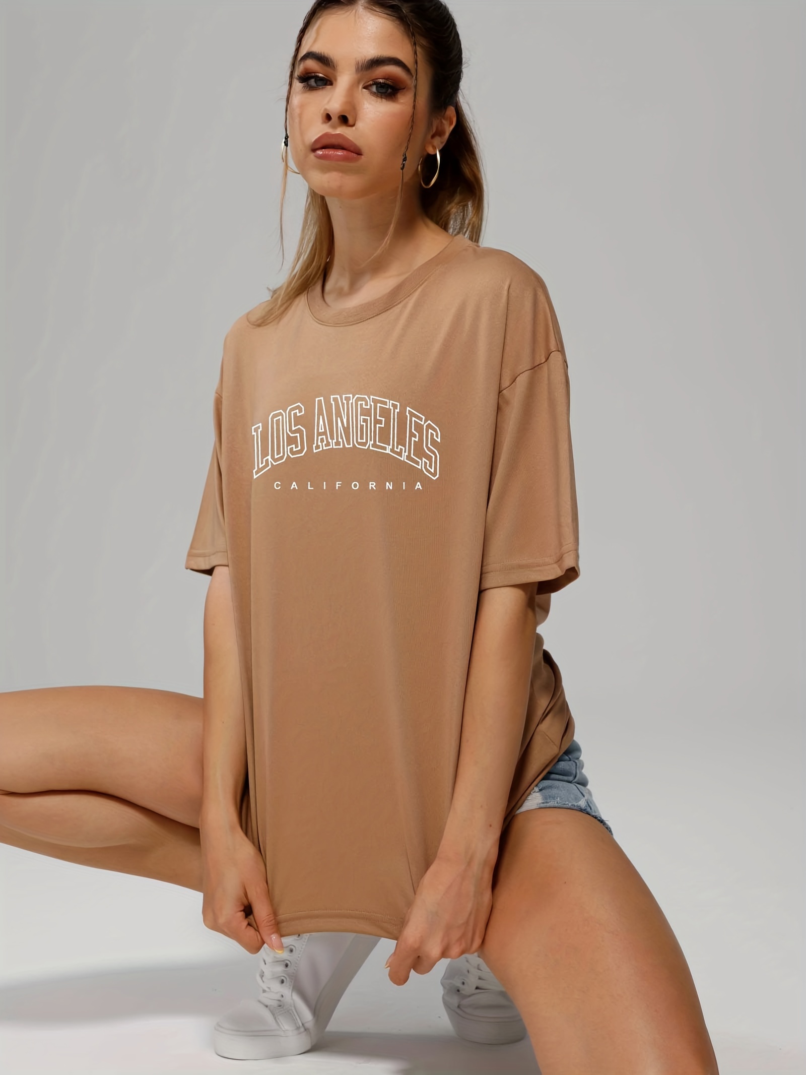 solid color letter print casual sports t shirt soft crew neck short sleeve tee womens clothing details 2