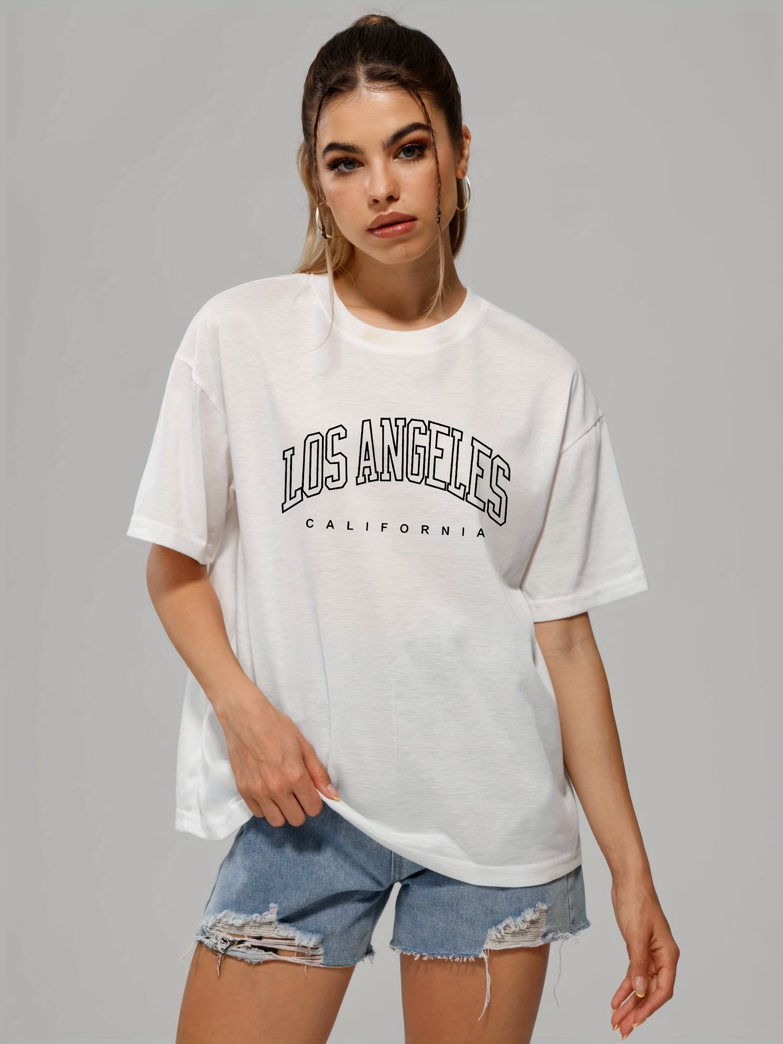 solid color letter print casual sports t shirt soft crew neck short sleeve tee womens clothing details 3