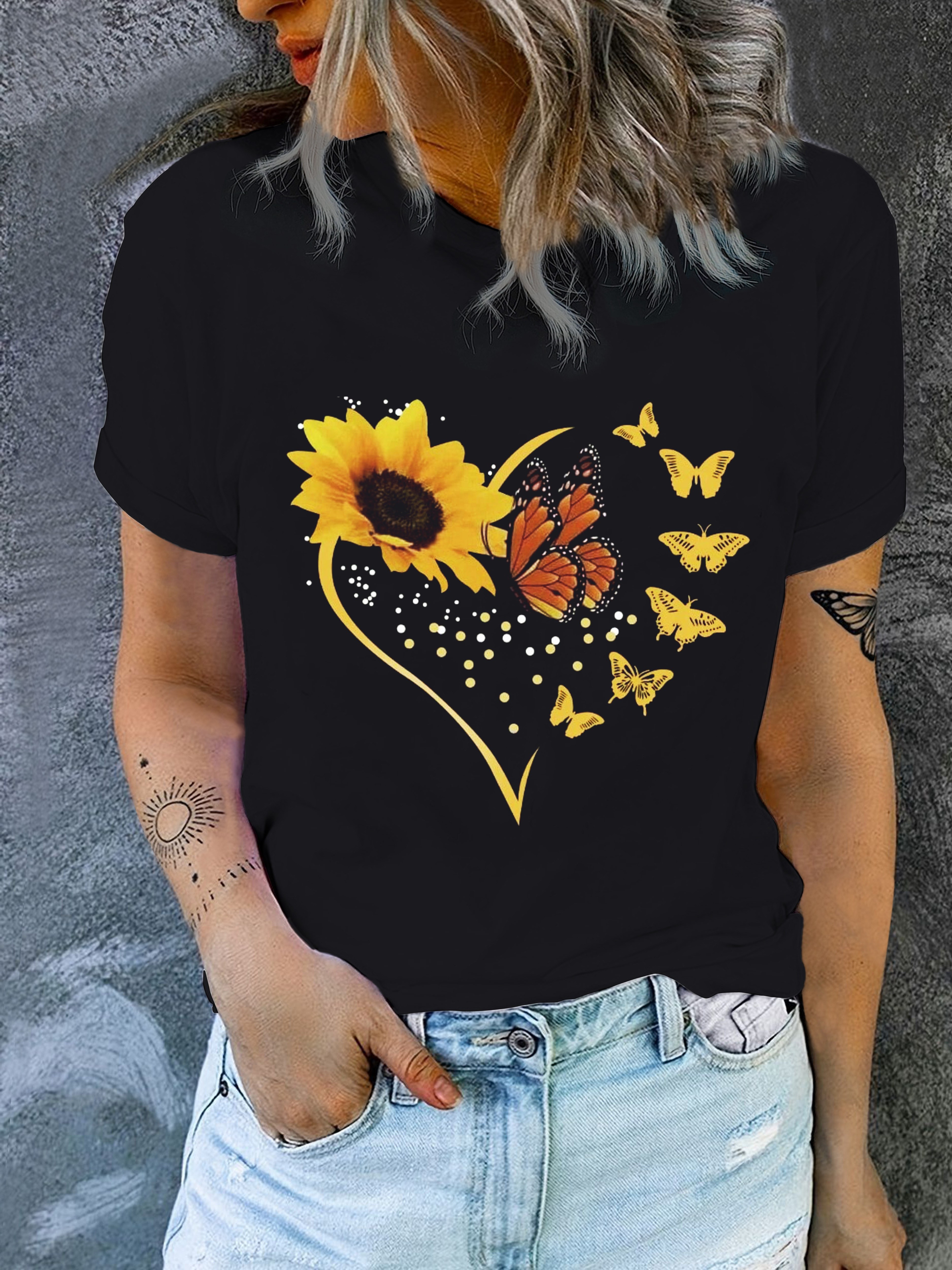 sunflower butterfly print casual t shirt round neck short sleeves mid stretch sports tee womens activewear details 0