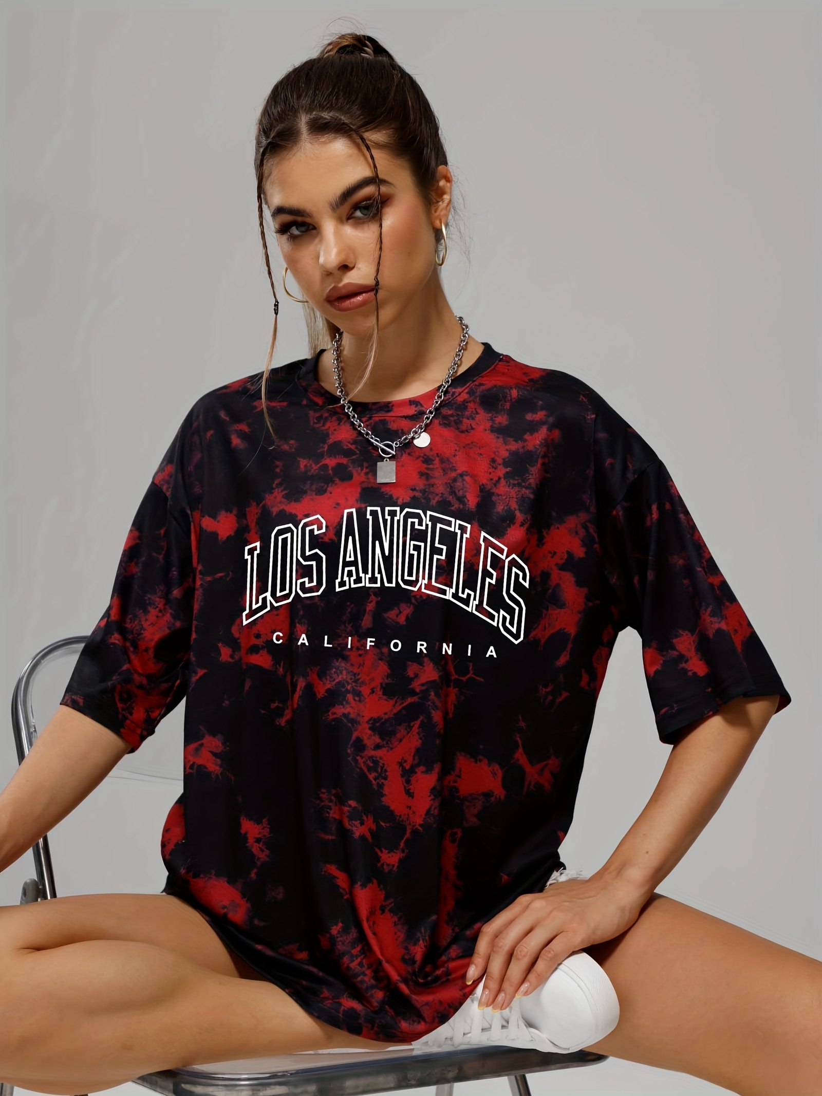 tie dye letter graphic tee casual loose crew neck t shirts womens clothing details 0