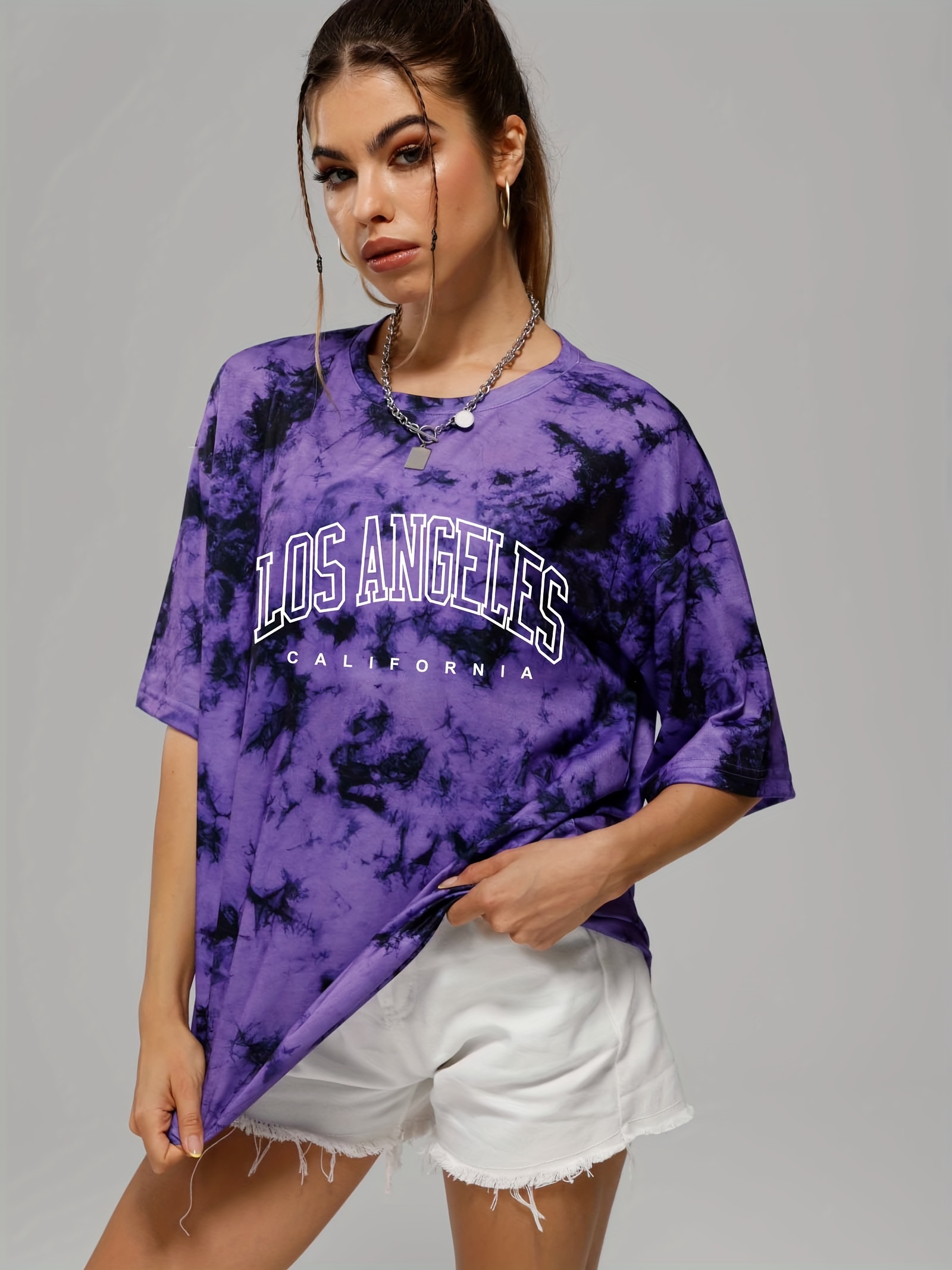 tie dye letter graphic tee casual loose crew neck t shirts womens clothing details 1