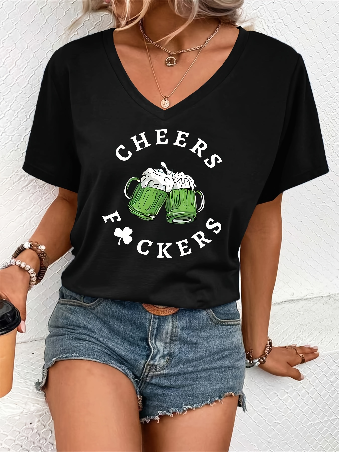 drink letter print casual t shirt v neck short sleeves stretchy sports tee st patricks day womens comfy tops details 0
