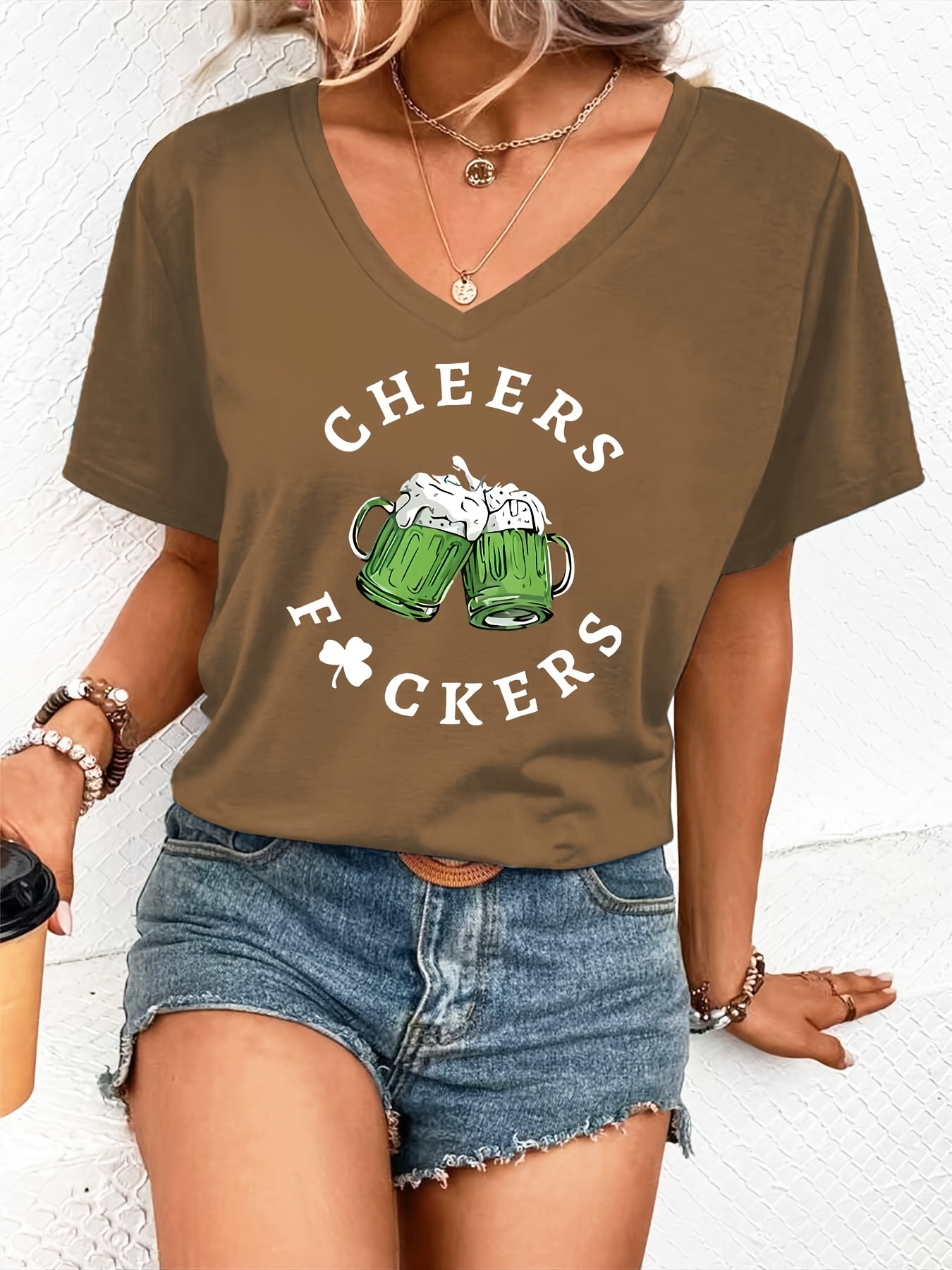 drink letter print casual t shirt v neck short sleeves stretchy sports tee st patricks day womens comfy tops details 6