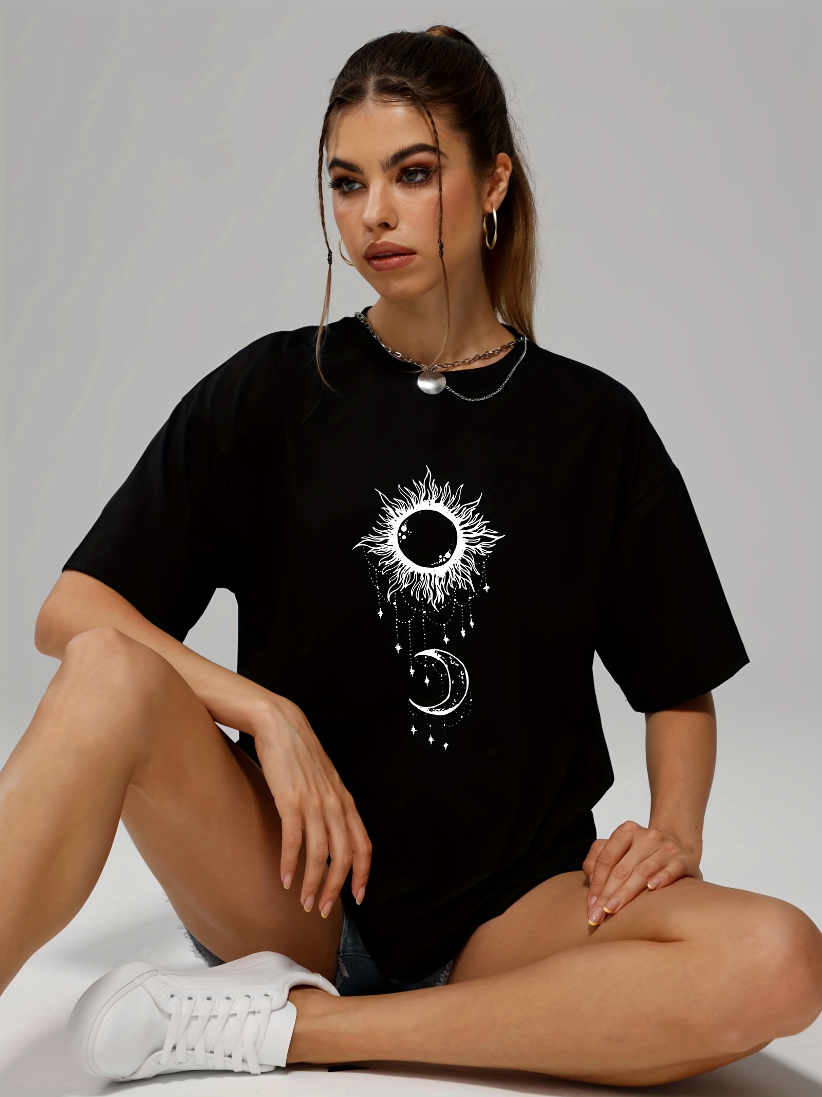 casual short sleeve slight stretch t shirts sun moon print o neck fashion sports graphic tee womens summer tops details 1