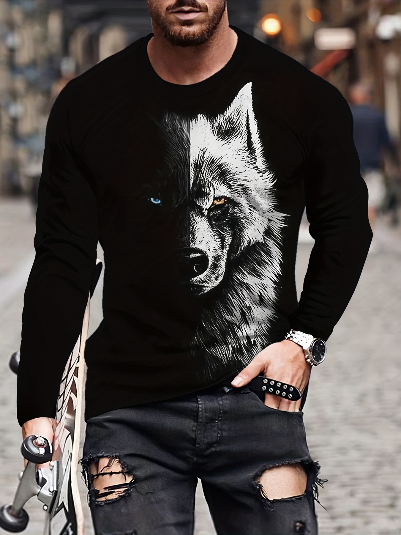 splicing wolf face mens fashion graphic long sleeve t shirt spring fall details 1