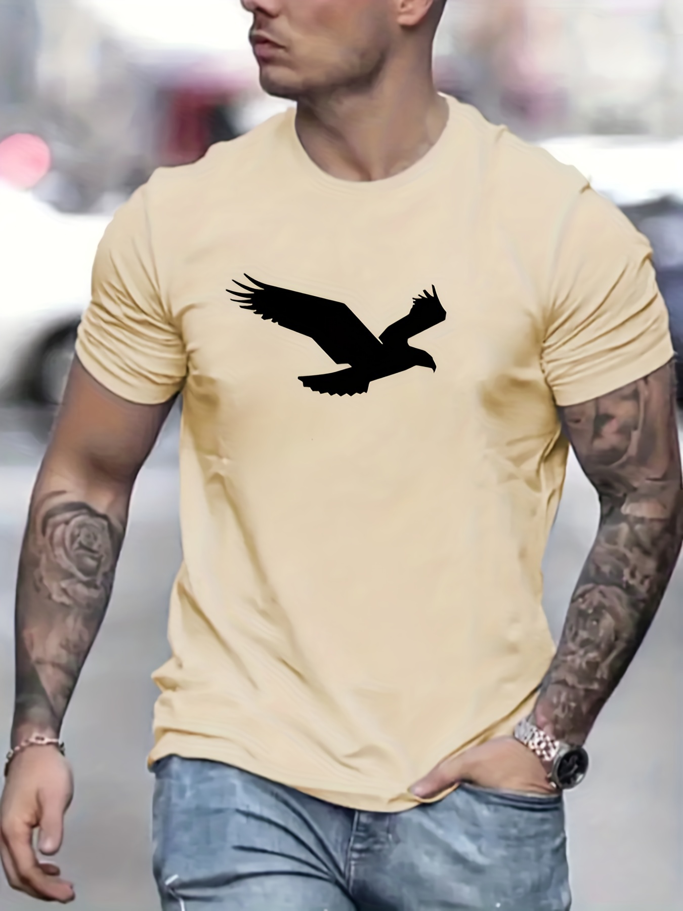 eagle pattern t shirt mens casual street style slightly stretch round neck tee shirt for summer fall details 40