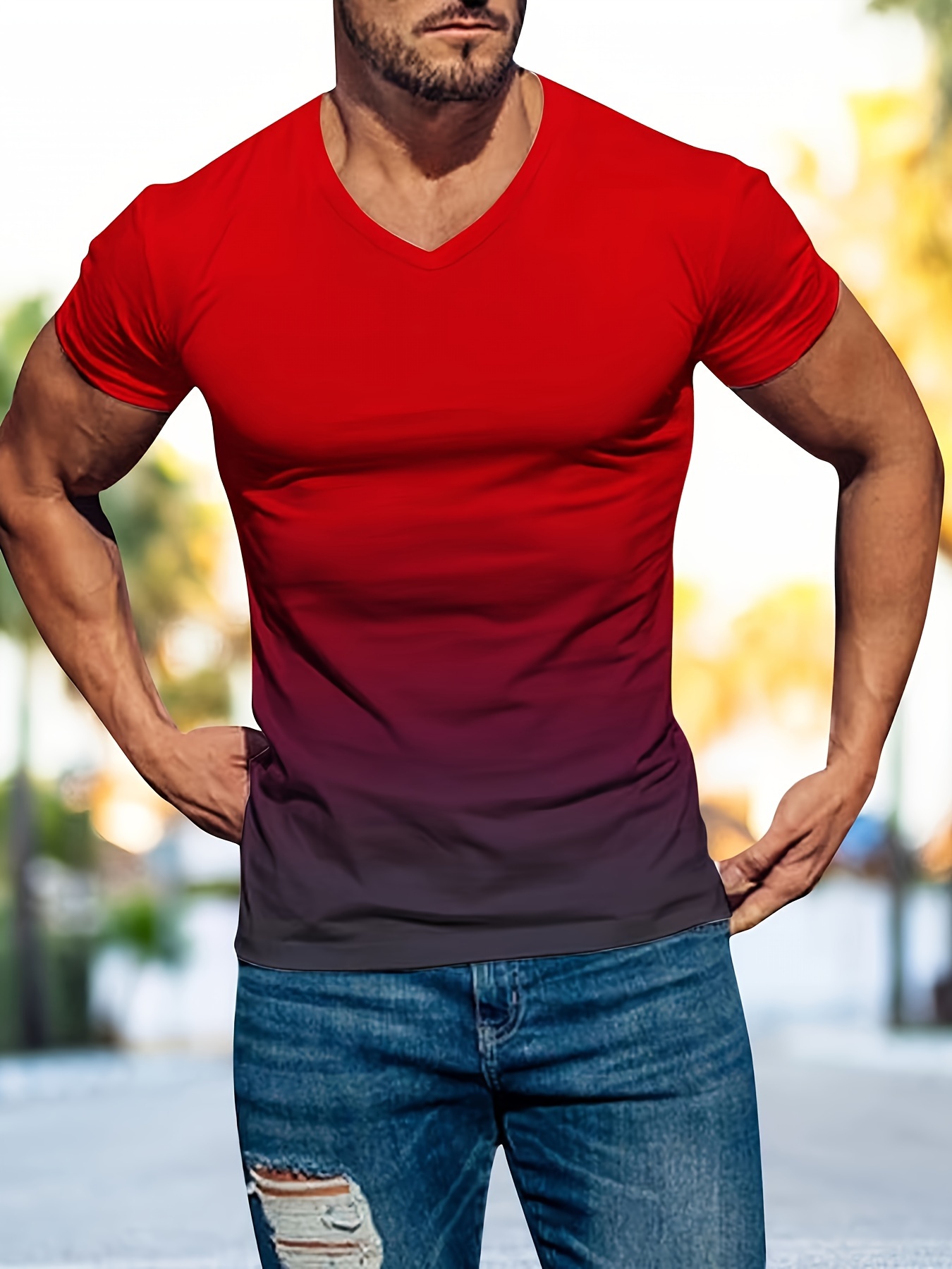 daily mens gradient v neck short sleeve sports t shirt summer outdoor gift for men details 0