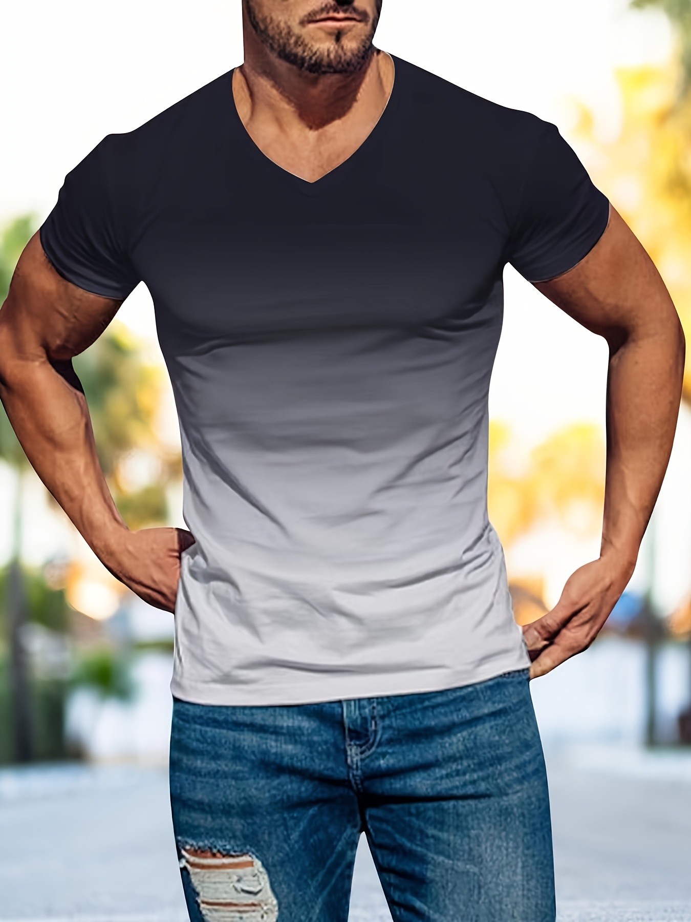 daily mens gradient v neck short sleeve sports t shirt summer outdoor gift for men details 5