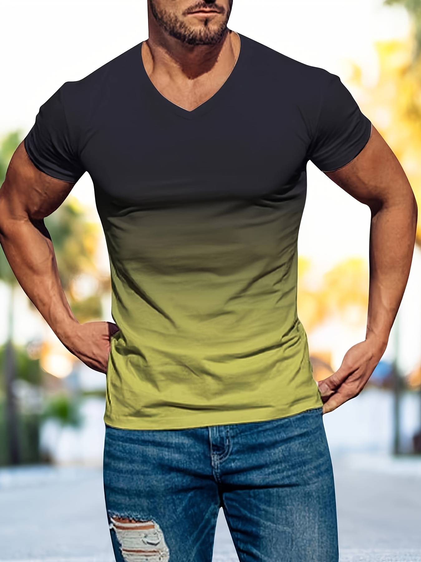 daily mens gradient v neck short sleeve sports t shirt summer outdoor gift for men details 11
