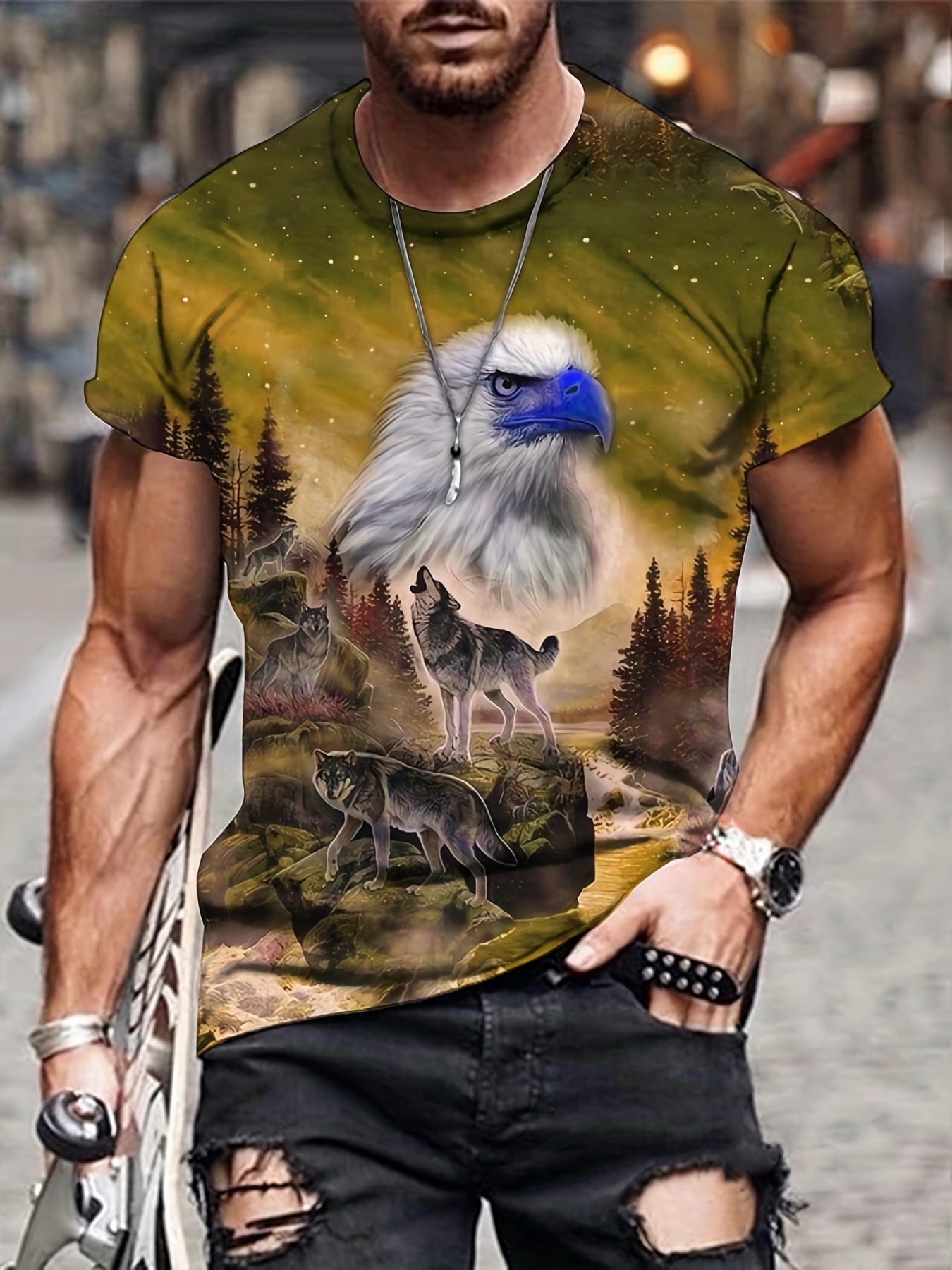 mens novelty wolf bird 3d print round neck t shirt mens clothing details 5