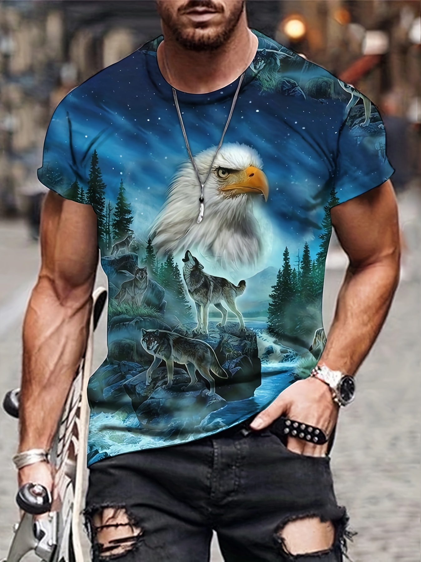 mens novelty wolf bird 3d print round neck t shirt mens clothing details 11