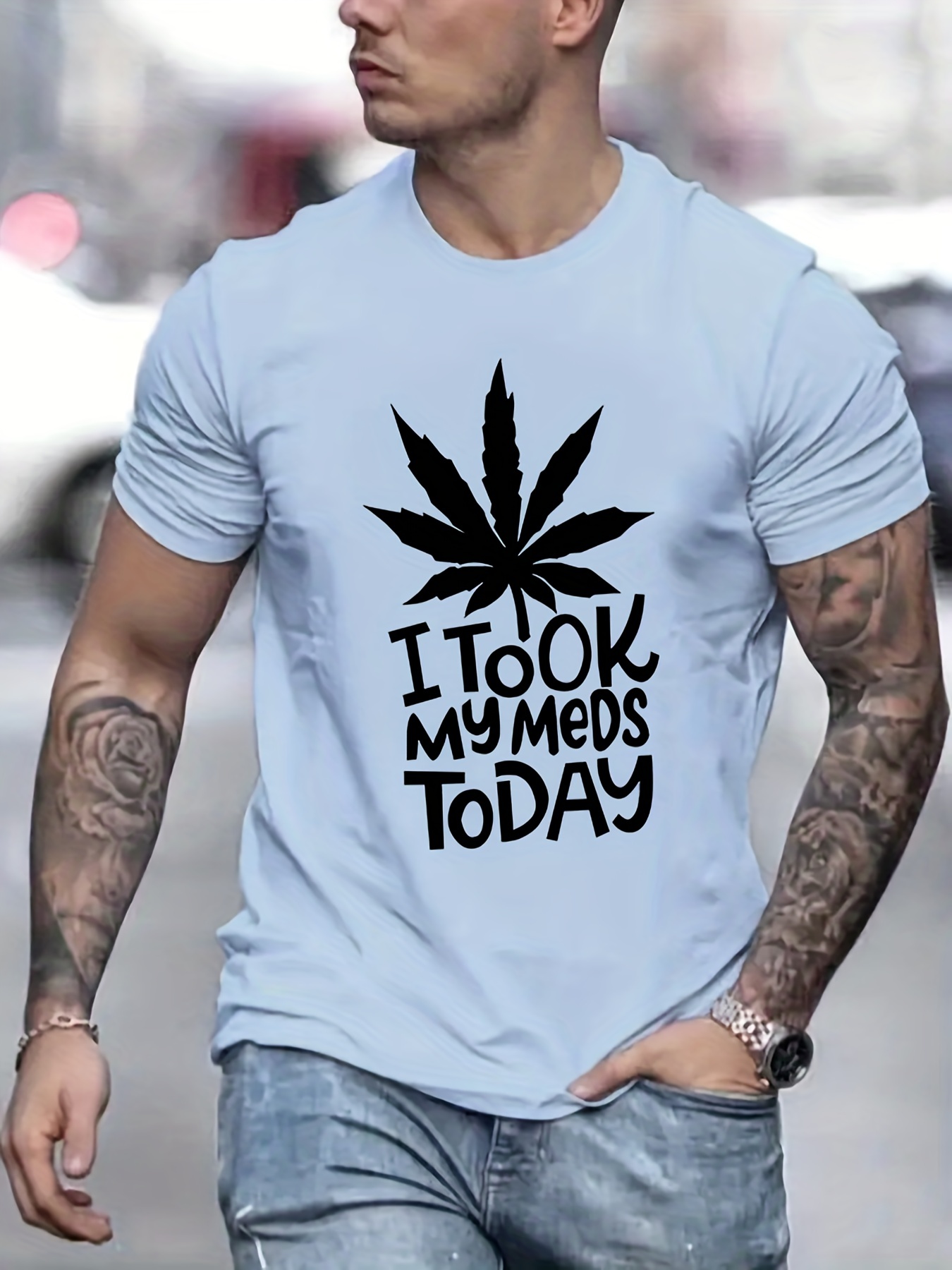 i took my meds today print mens graphic t shirt casual stretch loose tees for summer details 5