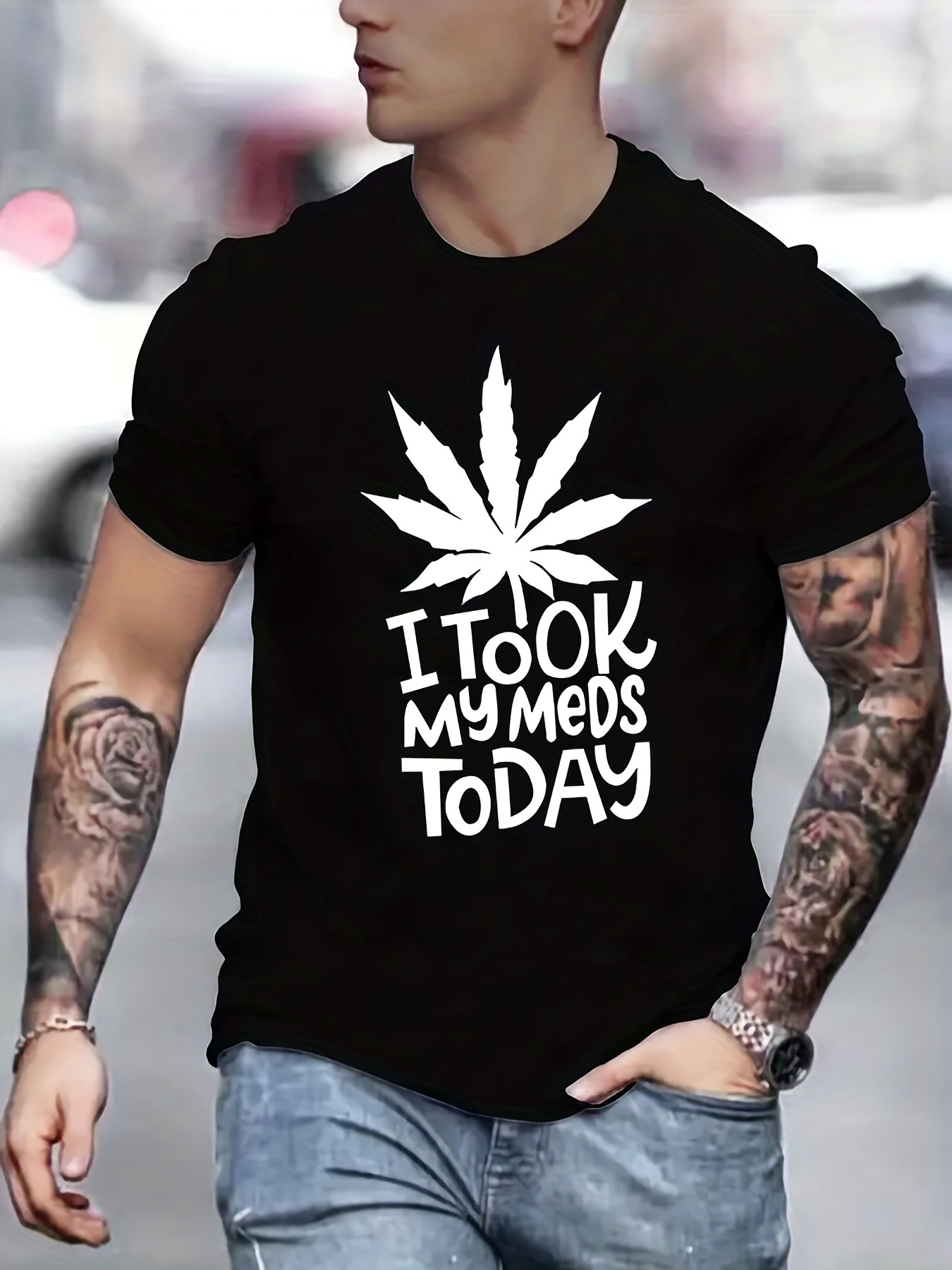 i took my meds today print mens graphic t shirt casual stretch loose tees for summer details 10