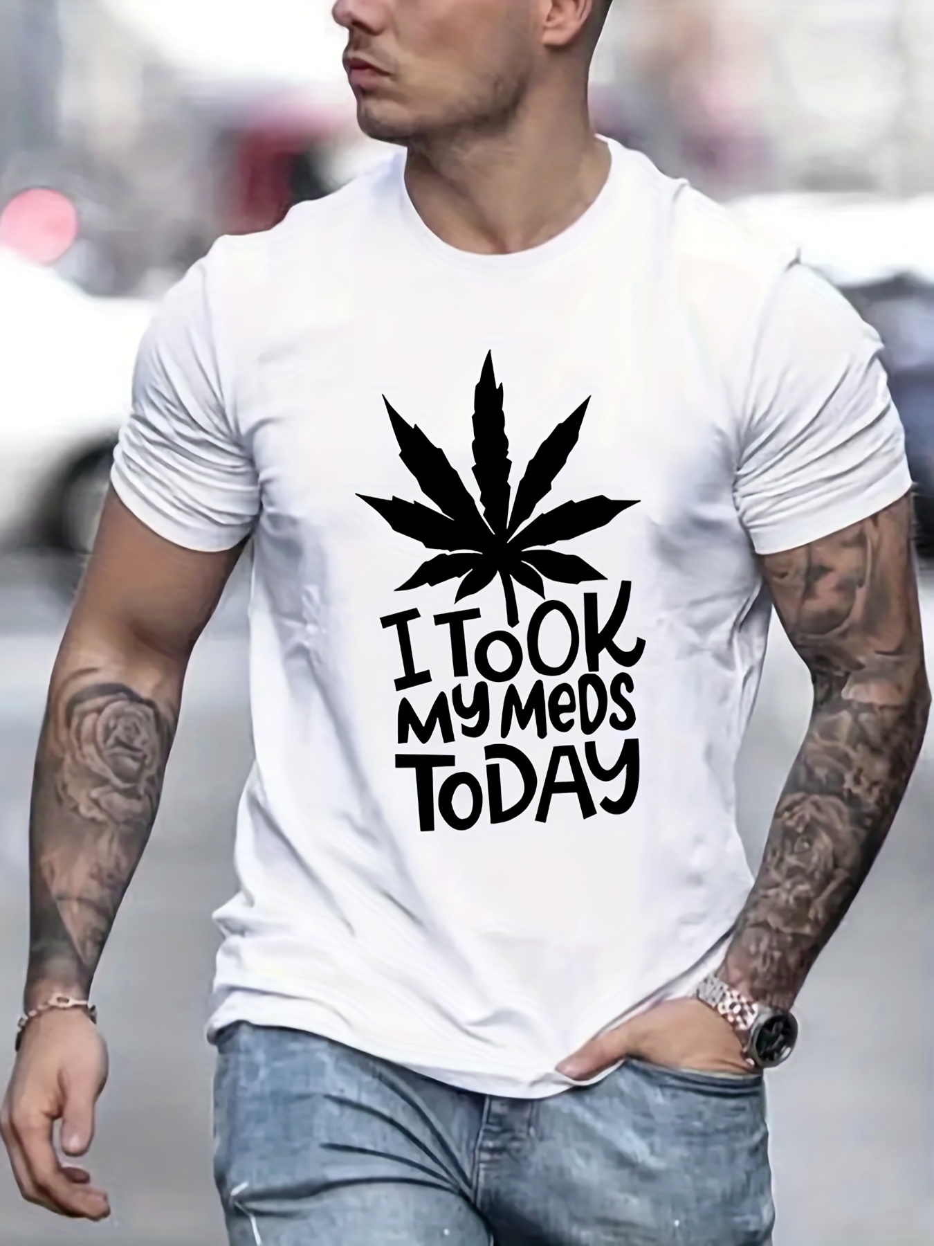 i took my meds today print mens graphic t shirt casual stretch loose tees for summer details 15