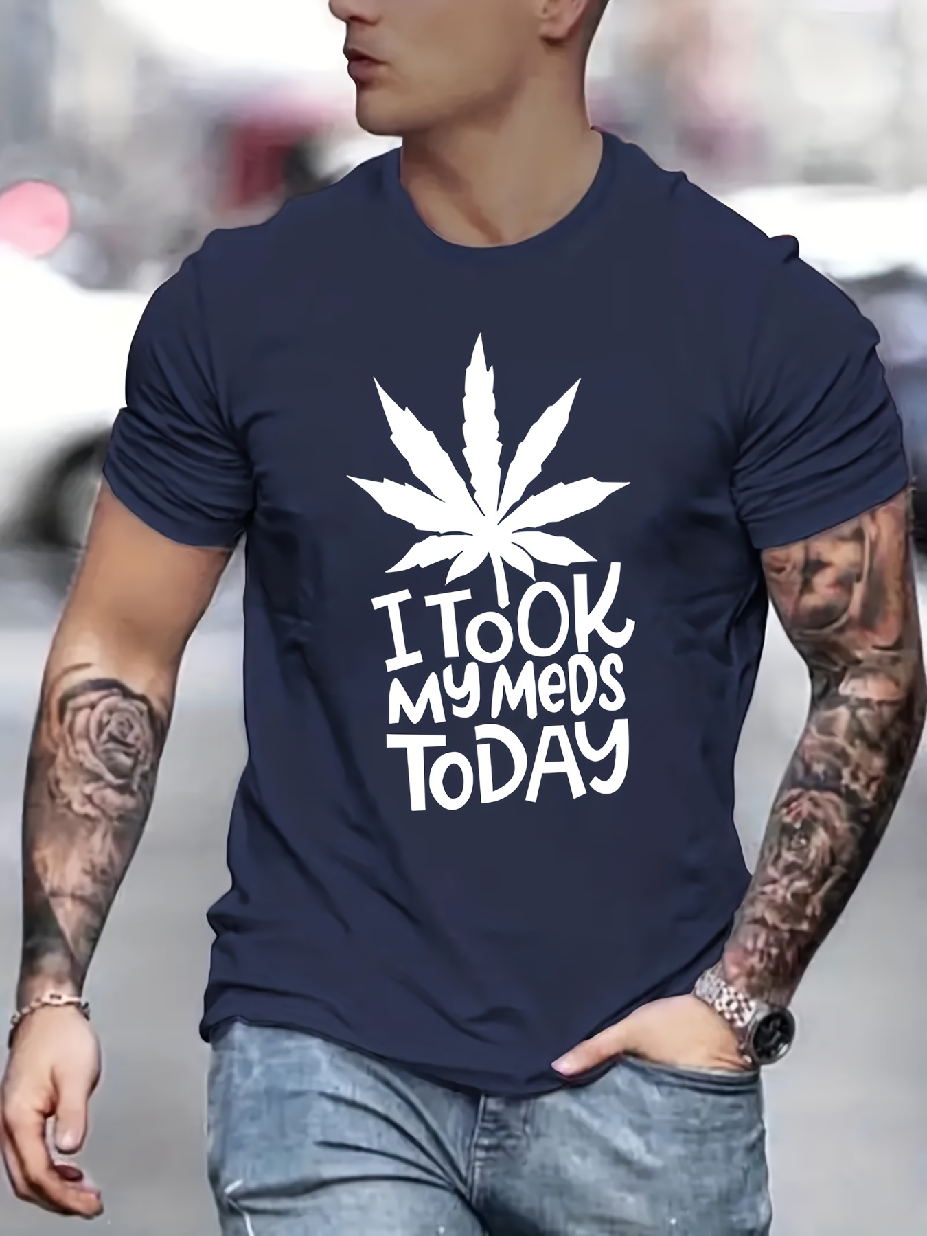 i took my meds today print mens graphic t shirt casual stretch loose tees for summer details 30