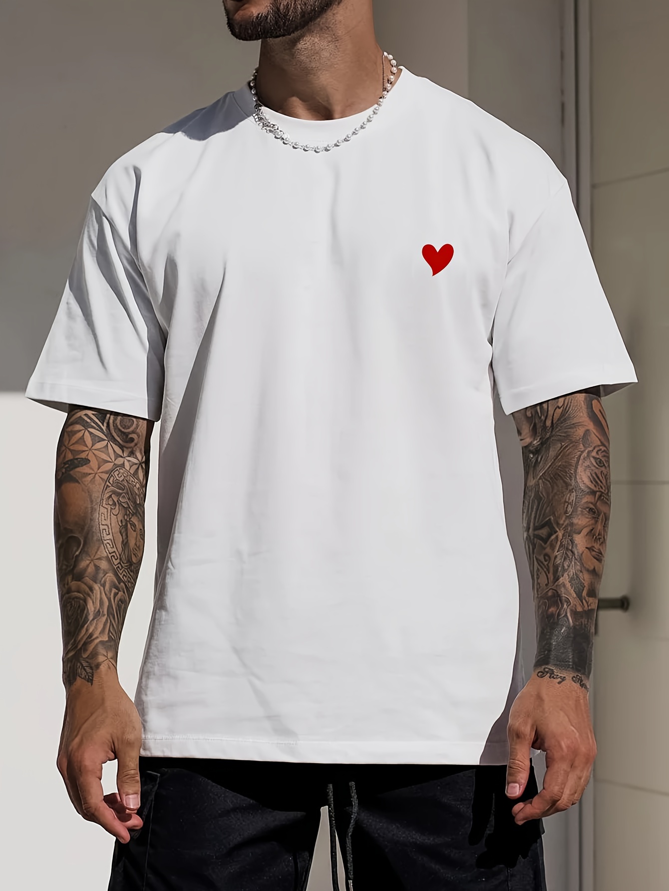 trendy cute heart print tees for men casual crew neck short sleeve t shirt comfortable breathable t shirt for summer details 5