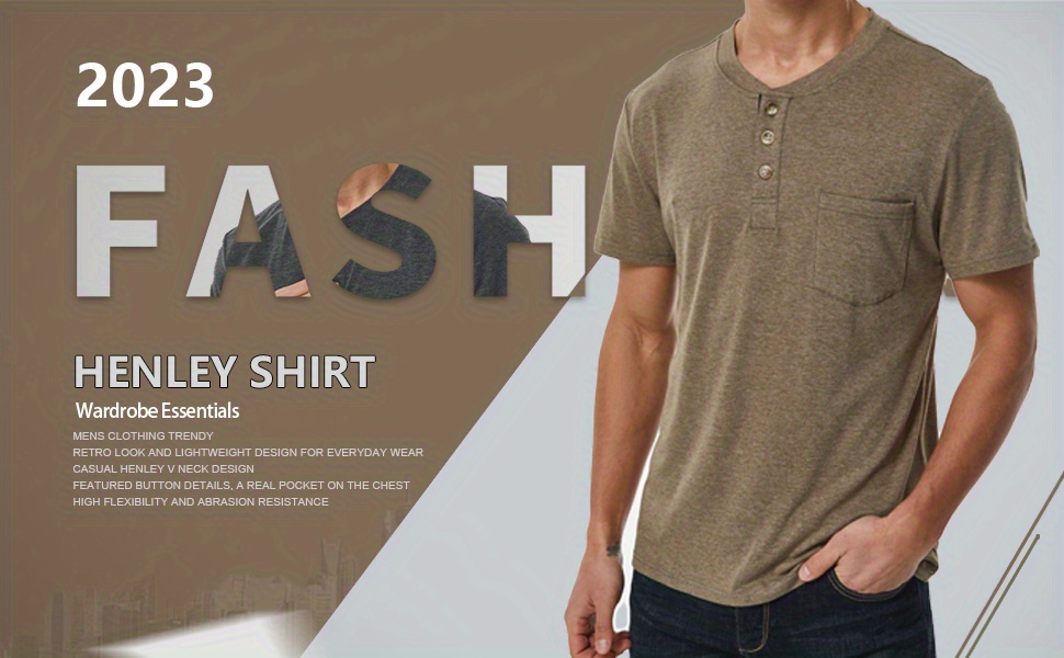 solid color mens basic henley tee with chest pocket casual slim short sleeve henley t shirt with button details 1