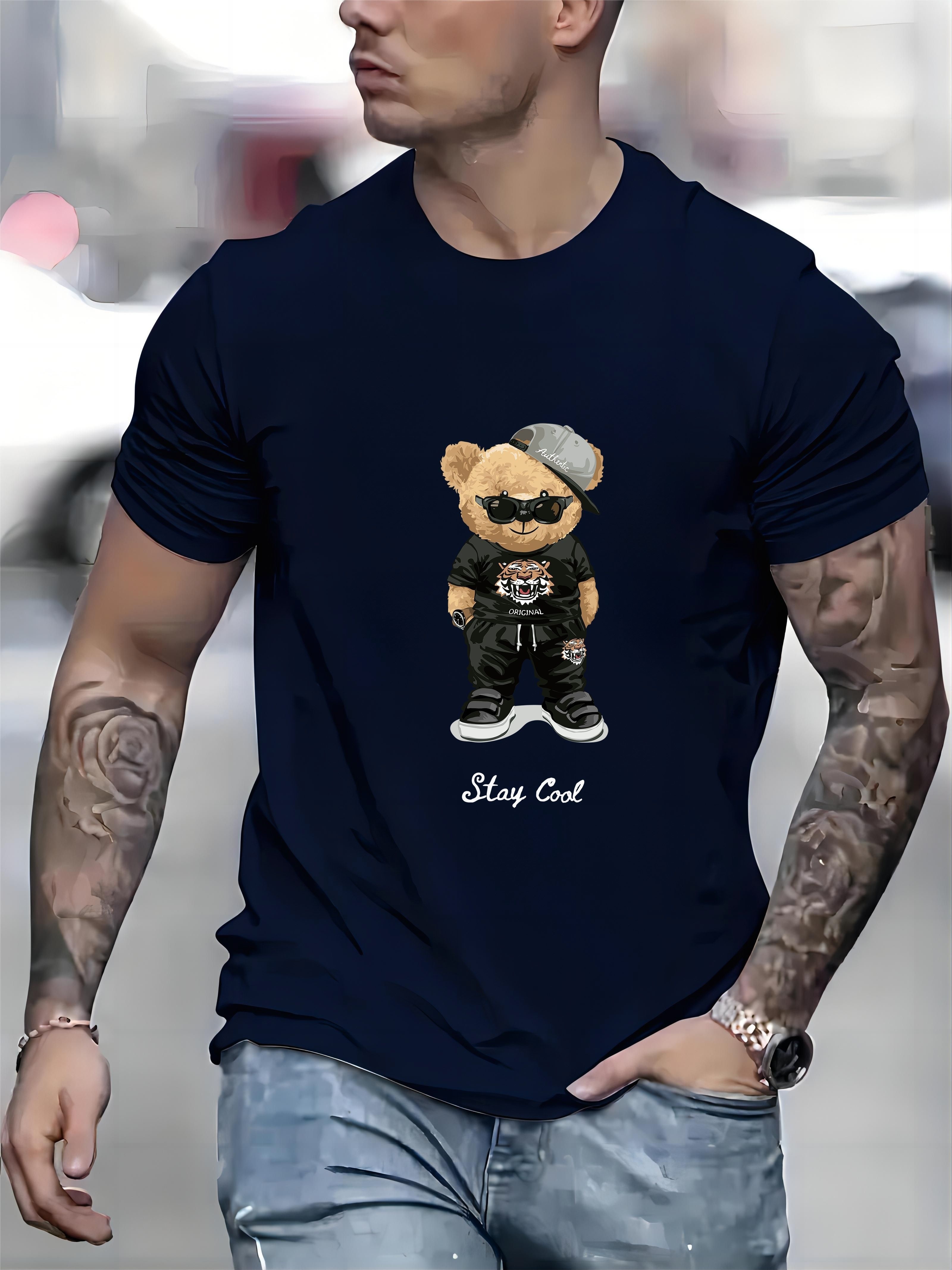 cool bear print mens graphic t shirt casual comfy tees for summer mens clothing details 15