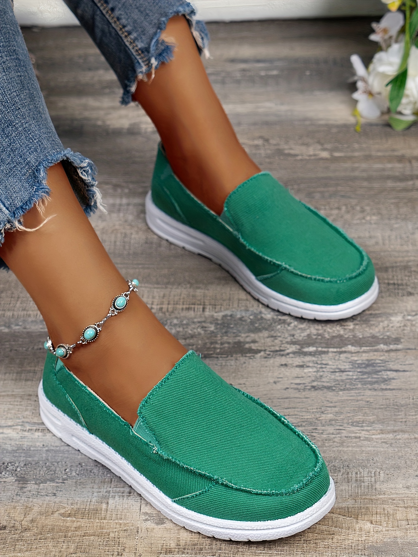 womens flat canvas shoes solid color round toe slip on low top sneakers casual walking trainers details 6