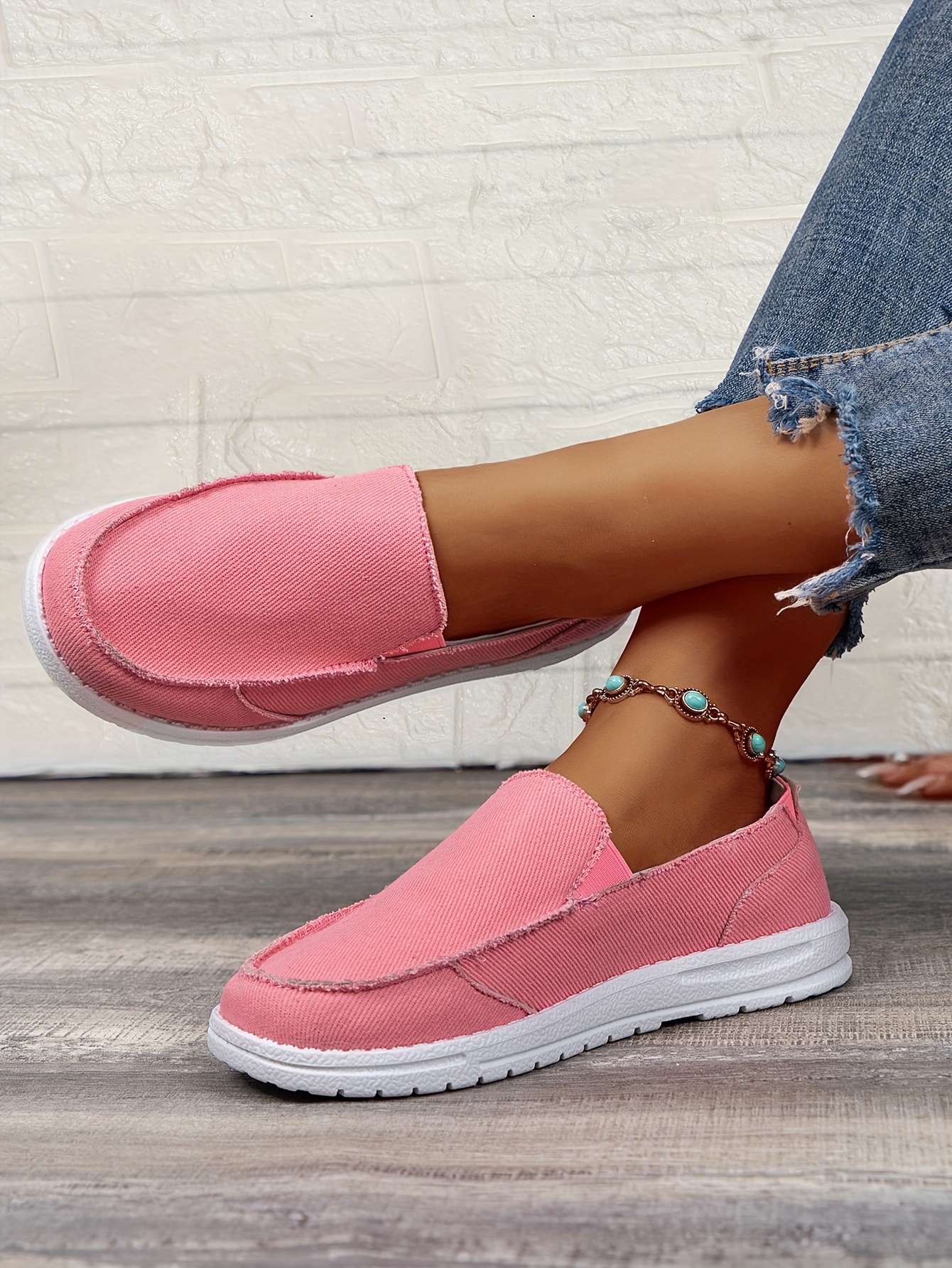 womens flat canvas shoes solid color round toe slip on low top sneakers casual walking trainers details 10