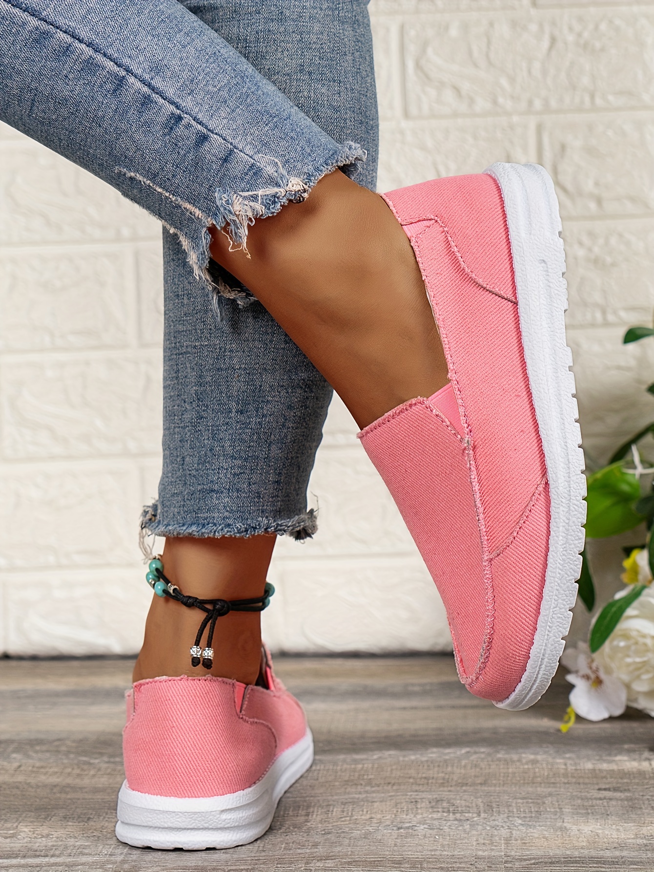 womens flat canvas shoes solid color round toe slip on low top sneakers casual walking trainers details 12