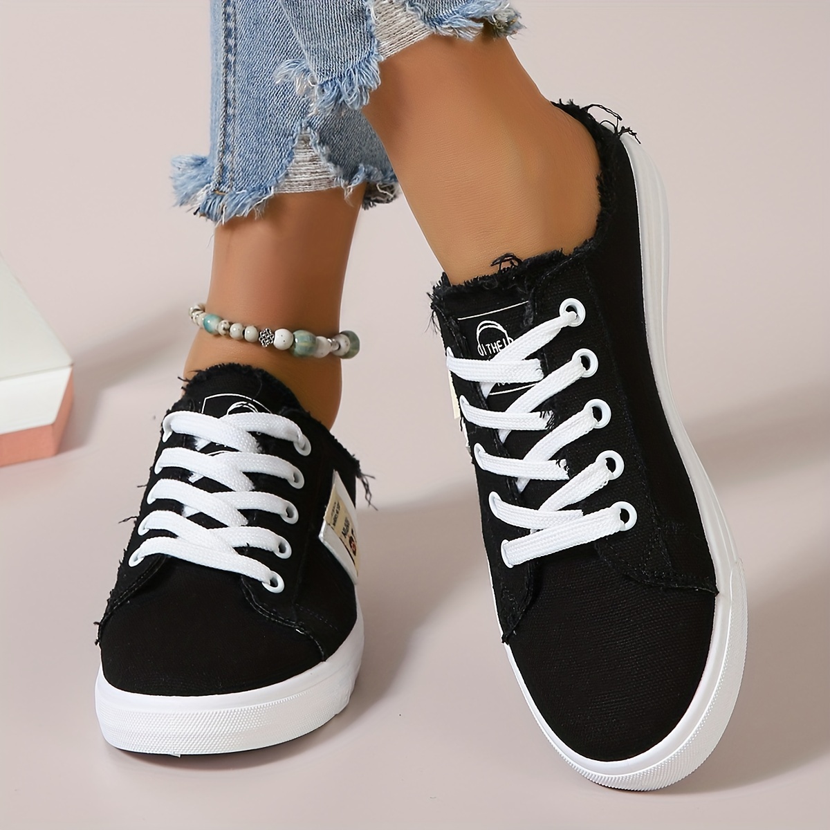 womens canvas backless mule sneakers casual lace up low top slip on shoes fashion student walking skate shoes details 0