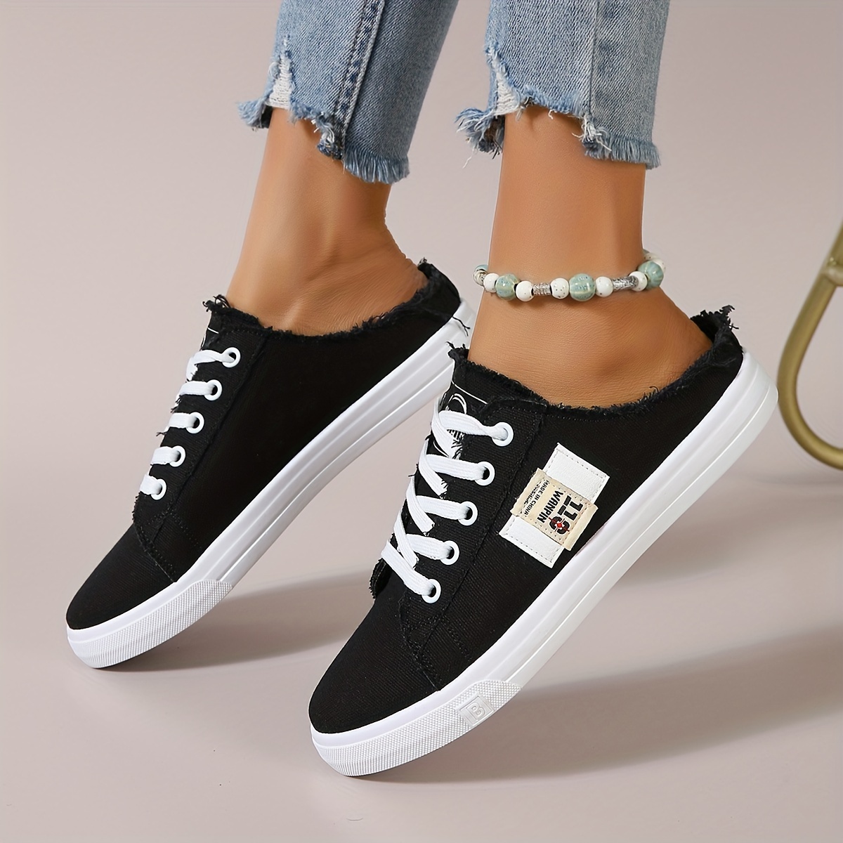 womens canvas backless mule sneakers casual lace up low top slip on shoes fashion student walking skate shoes details 7