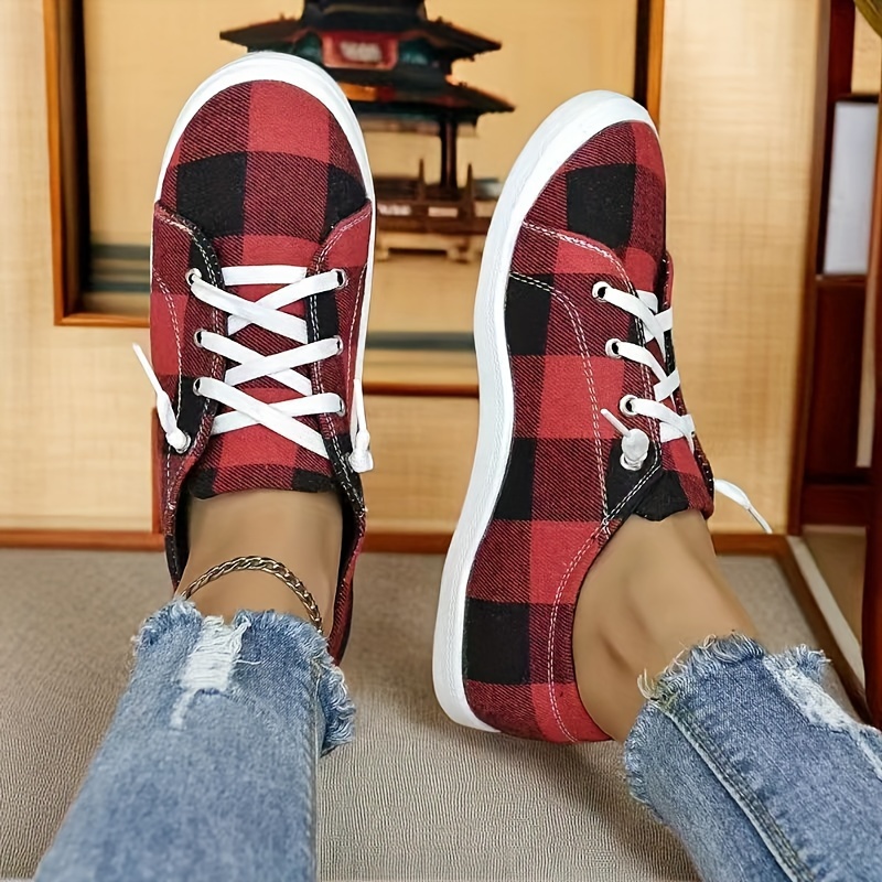 womens plaid canvas shoes lightweight low top flat sneakers casual slip on shoes details 3