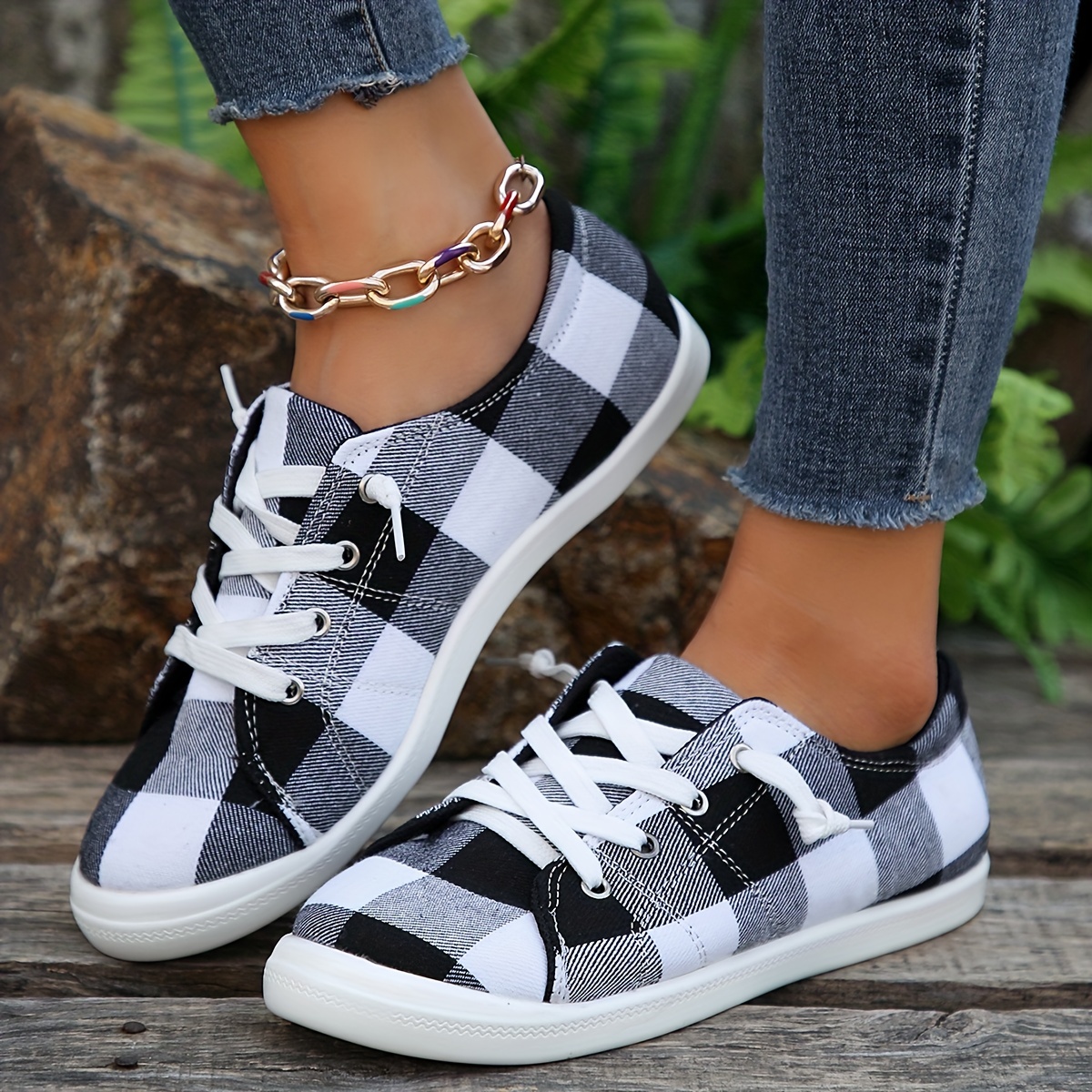 womens plaid canvas shoes lightweight low top flat sneakers casual slip on shoes details 5