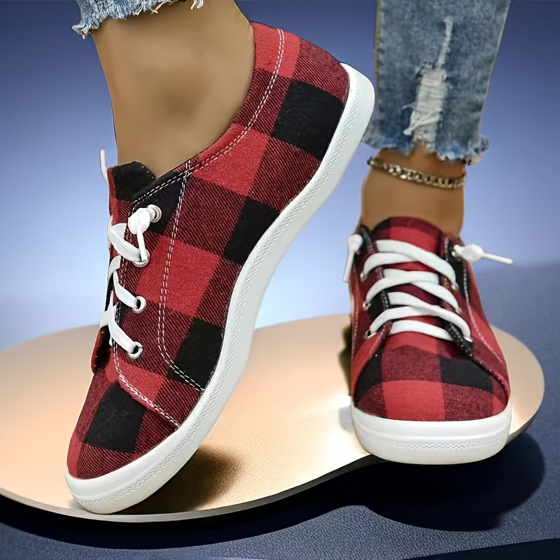 womens plaid canvas shoes lightweight low top flat sneakers casual slip on shoes details 6