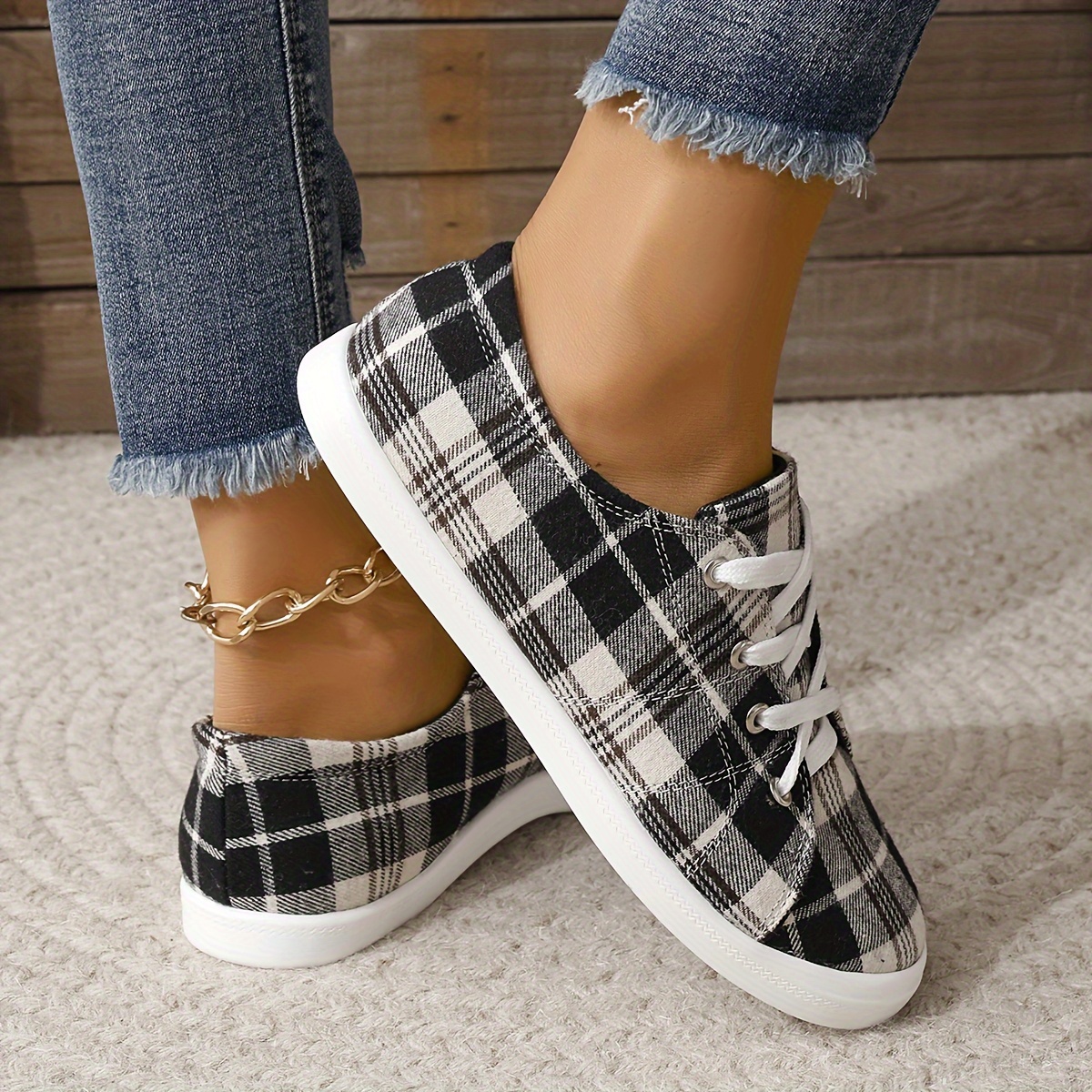 womens plaid canvas shoes lightweight low top flat sneakers casual slip on shoes details 7