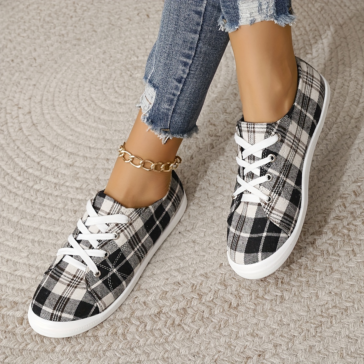 womens plaid canvas shoes lightweight low top flat sneakers casual slip on shoes details 8