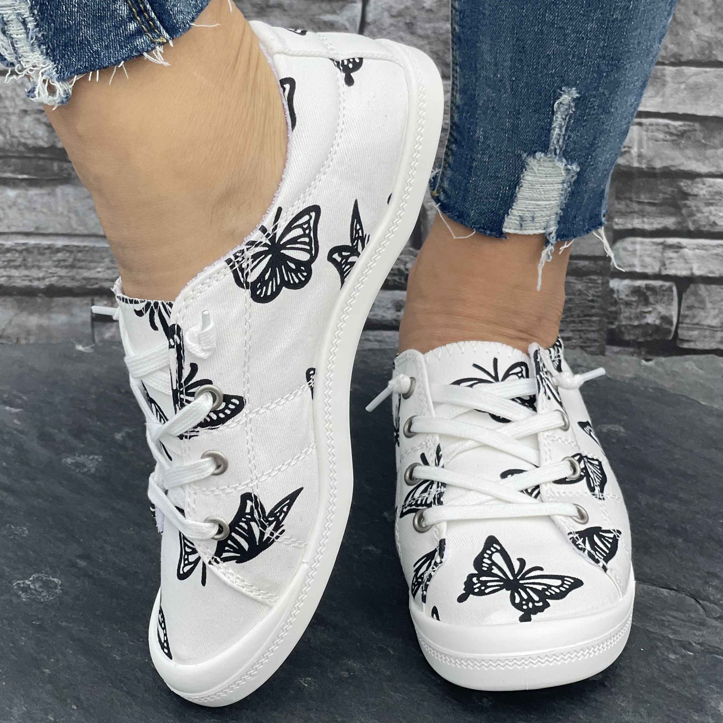 Women s Canvas Sneakers, Fashion Casual Low-Top Shoes, Butterfly Print Comfortable Flat Sports Footwear details 2