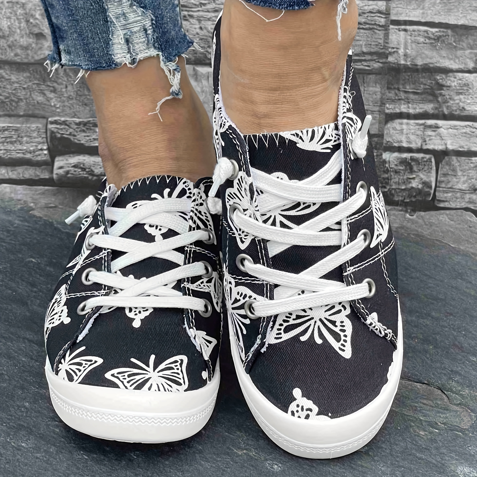 Women s Canvas Sneakers, Fashion Casual Low-Top Shoes, Butterfly Print Comfortable Flat Sports Footwear details 3