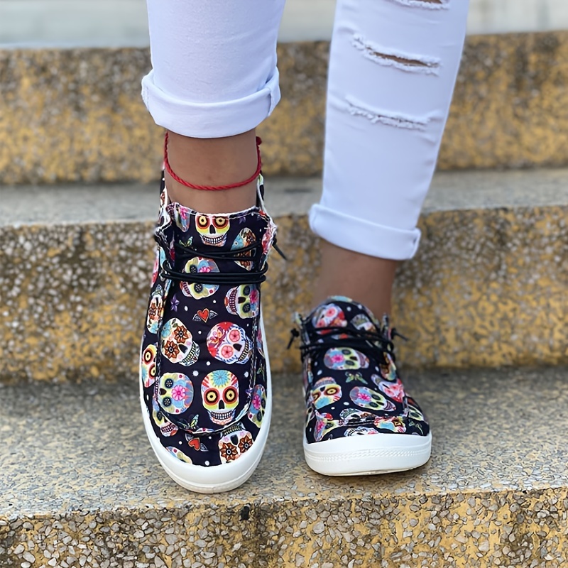 womens colorful skull print canvas shoes comfortable slip on flat halloween shoes casual low top shoes details 0