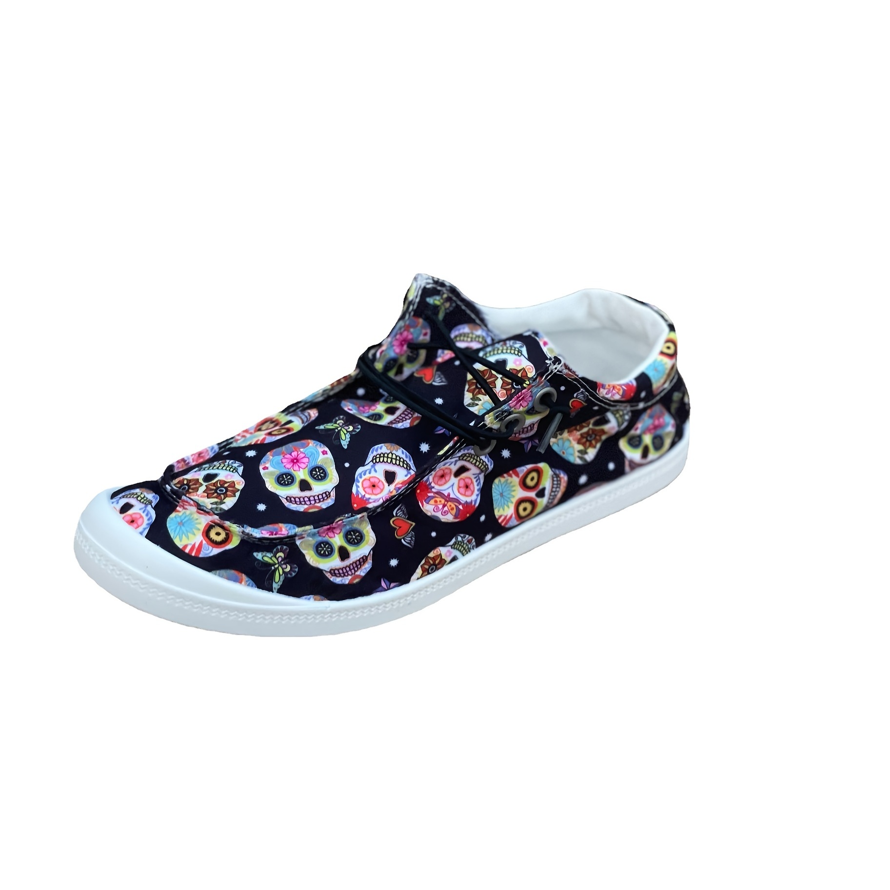 womens colorful skull print canvas shoes comfortable slip on flat halloween shoes casual low top shoes details 3