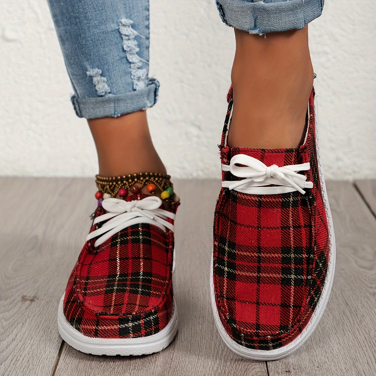 womens christmas style flat shoes plaid christmas tree pattern low top shoes casual all match sneakers details 0