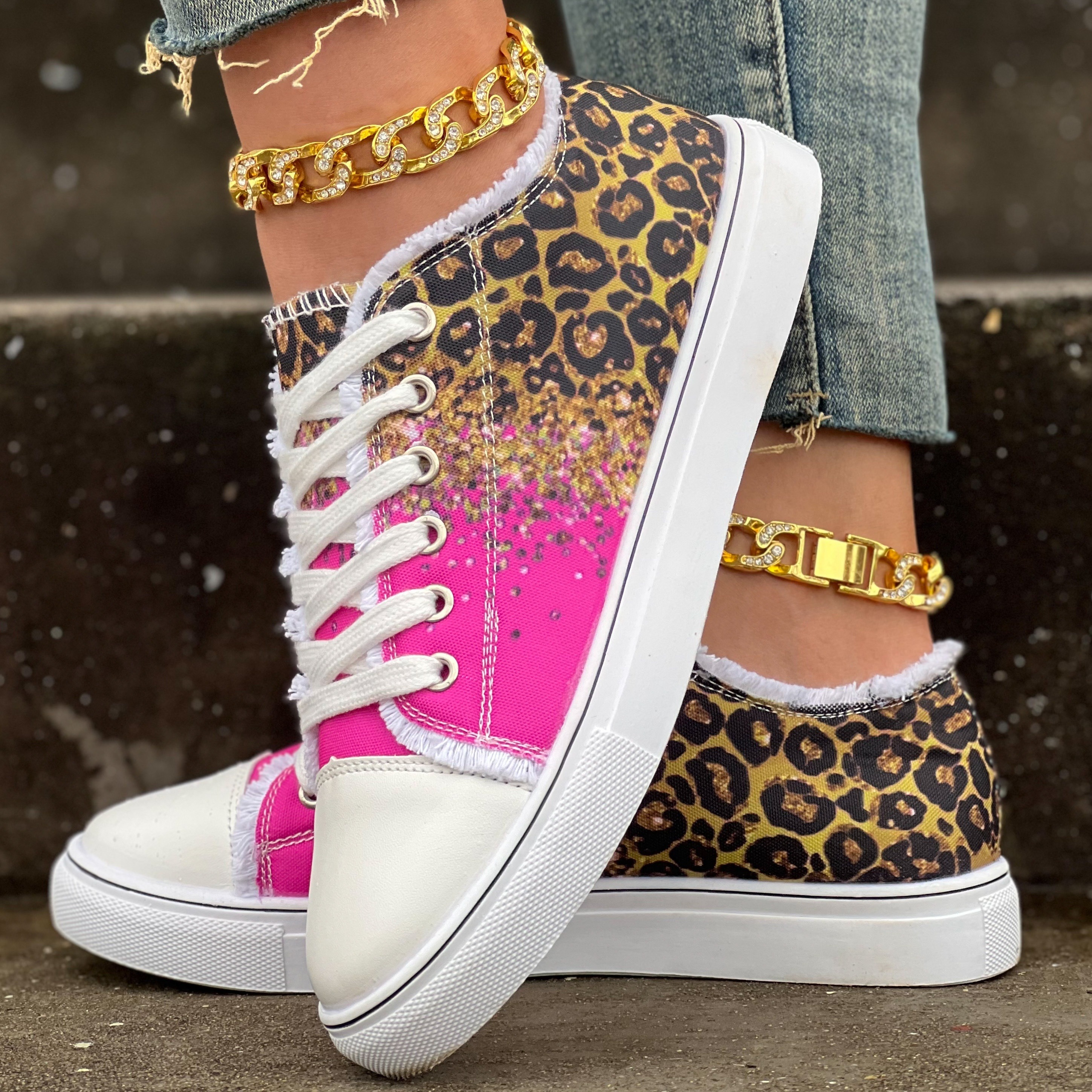 womens leopard print canvas shoes casual glitter sequins decor lace up shoes lightweight low top sneakers details 2