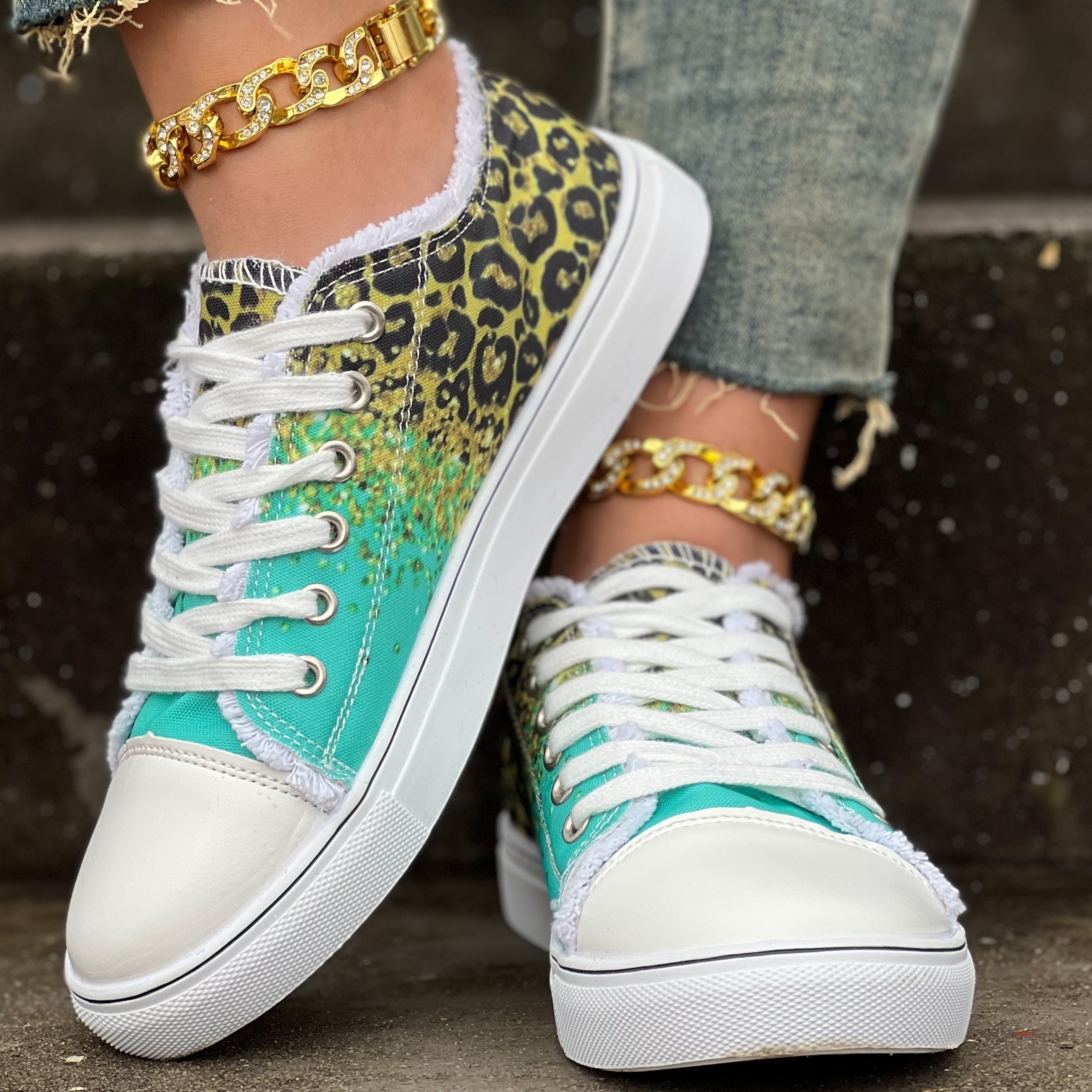 womens leopard print canvas shoes casual glitter sequins decor lace up shoes lightweight low top sneakers details 5