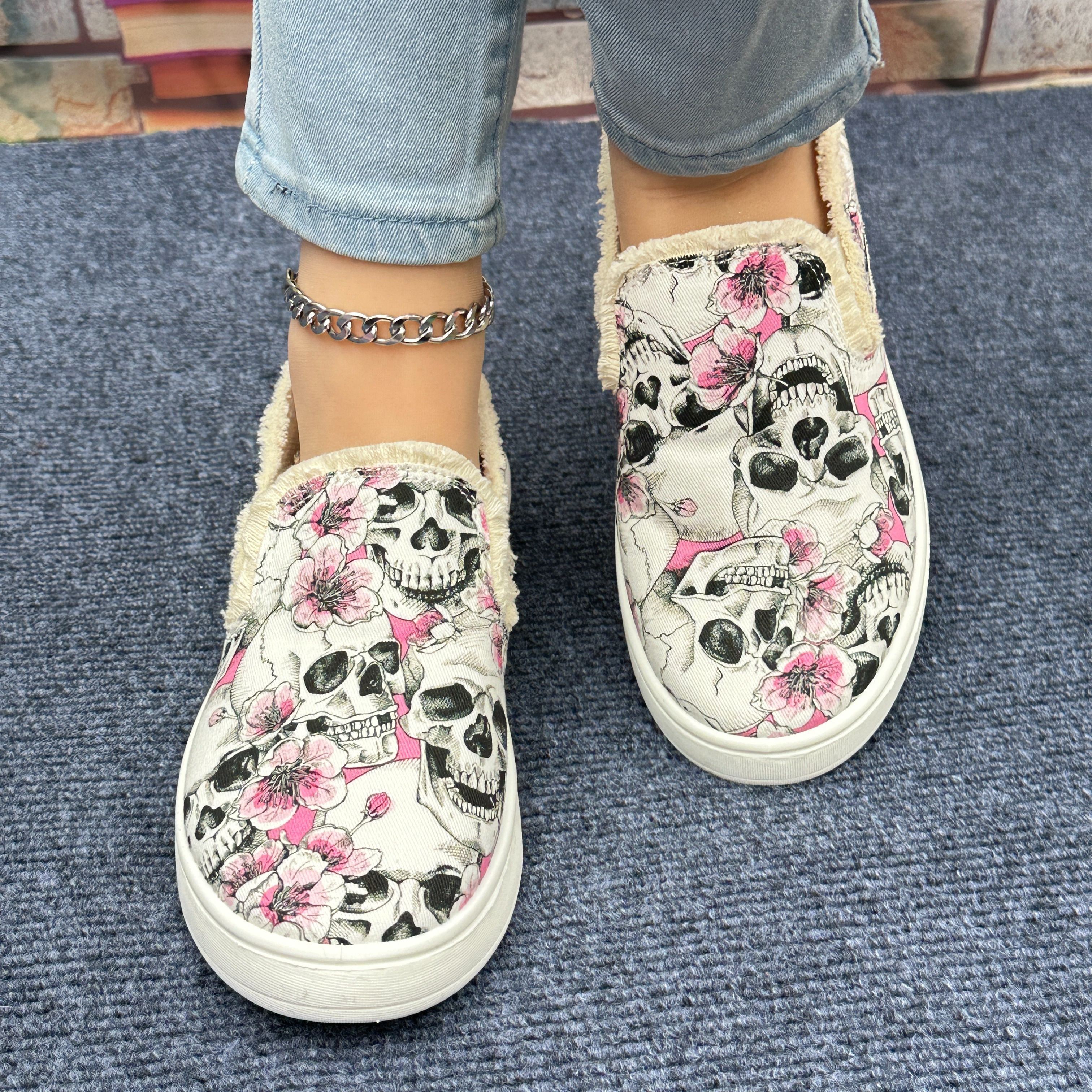 womens flower skull print canvas shoes casual slip on outdoor shoes lightweight low top shoes details 3