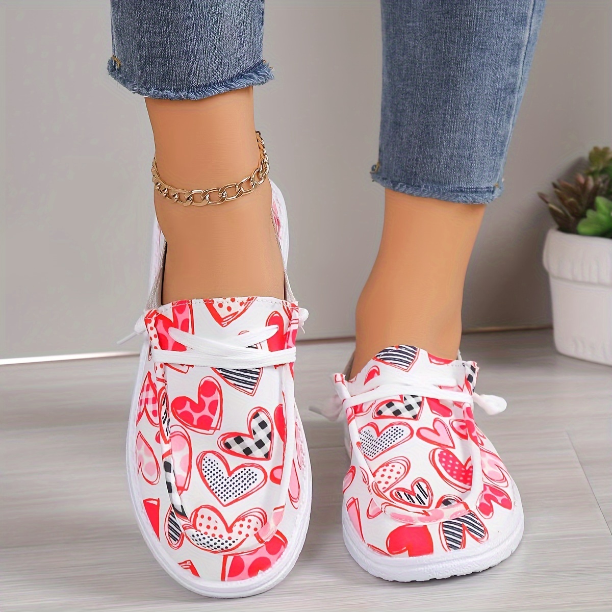 womens heart pattern loafers slip on lightweight soft sole casual canvas shoes low top valentines day shoes details 6