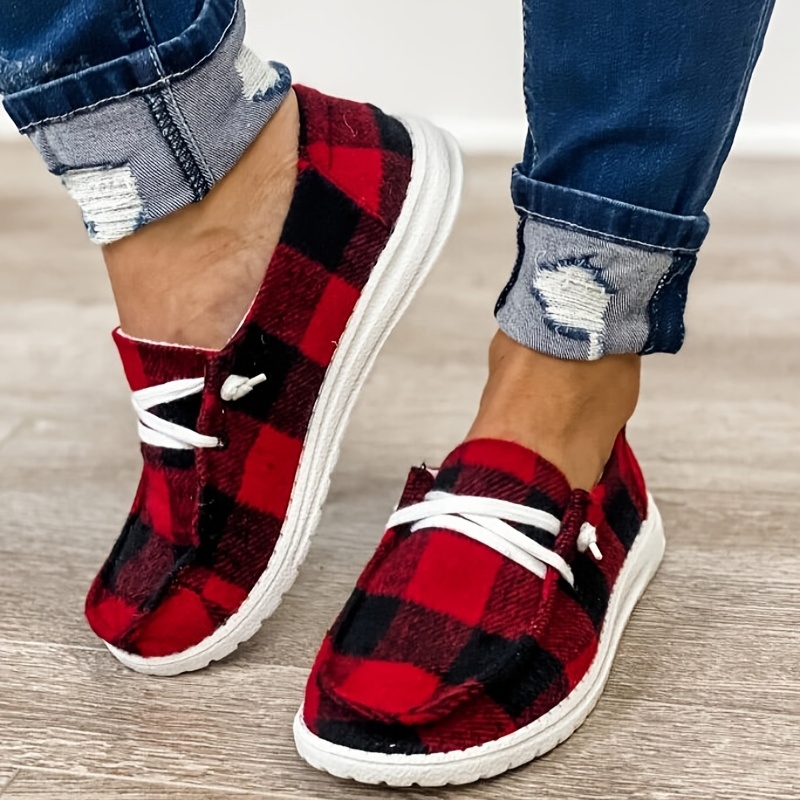 womens plaid canvas shoes lace up low top round toe flat casual shoes womens walking sneakers details 1